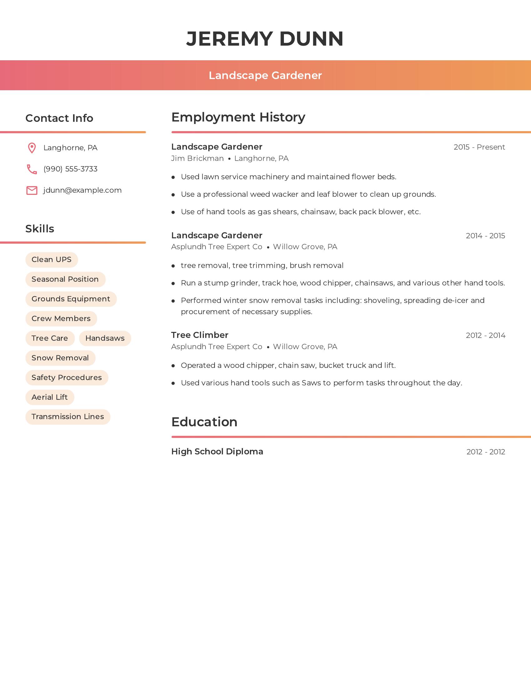 Landscape Gardener resume example