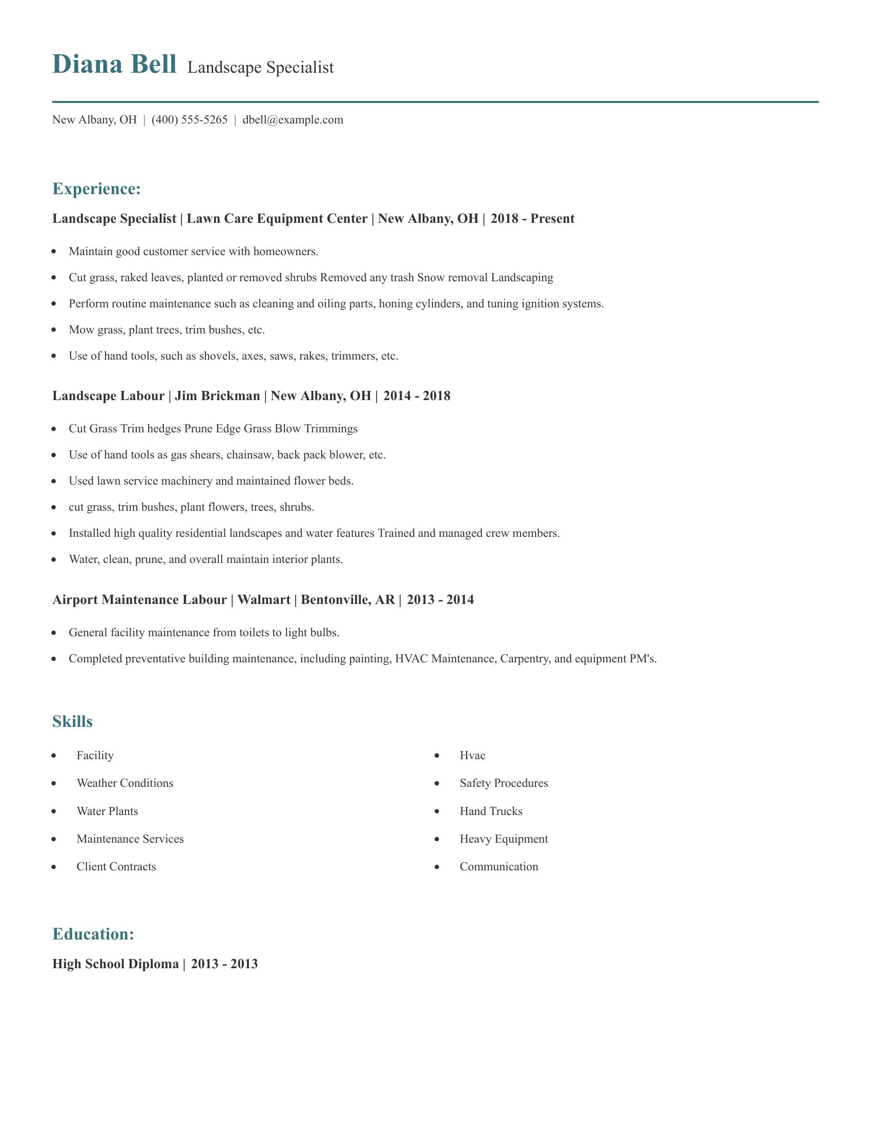 Landscape Specialist resume example