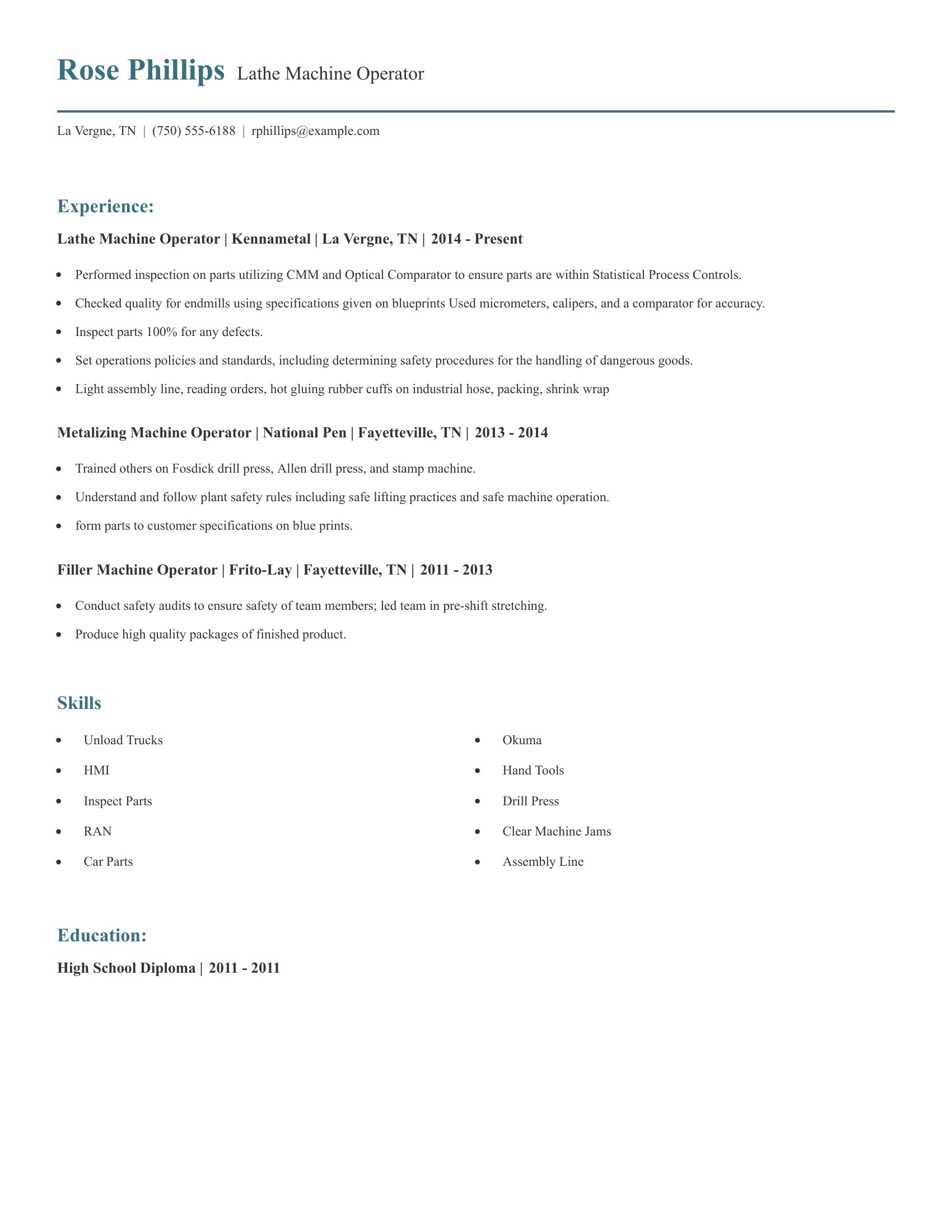 Lathe Machine Operator resume example