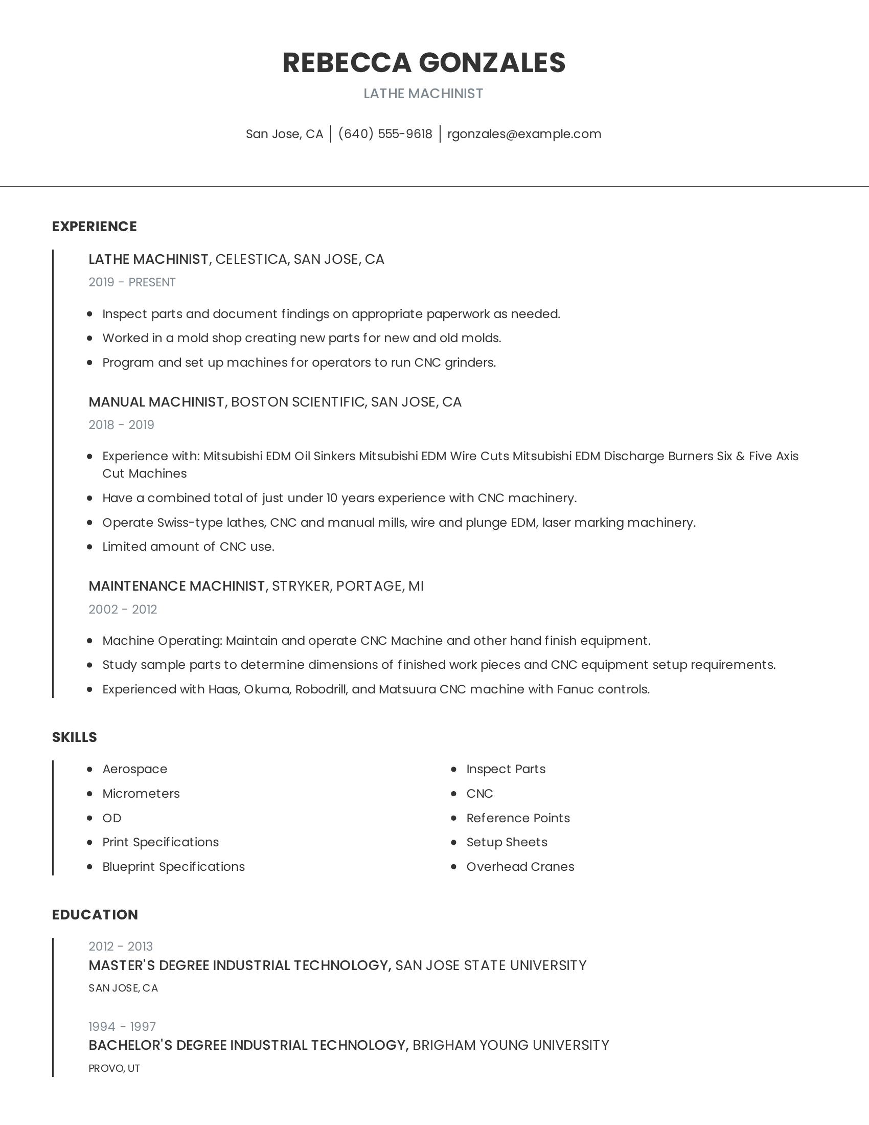 Lathe Machinist resume example