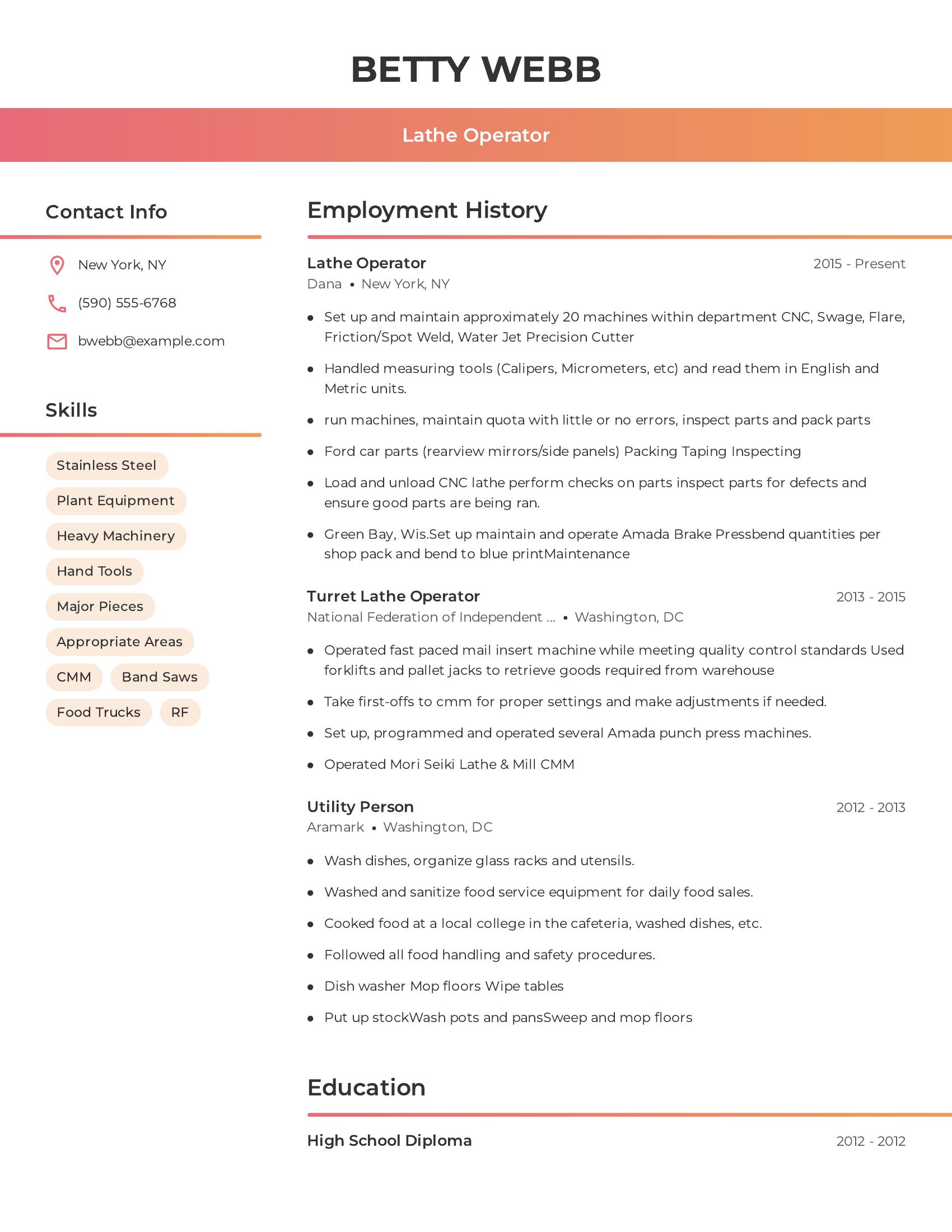 Lathe Operator resume example