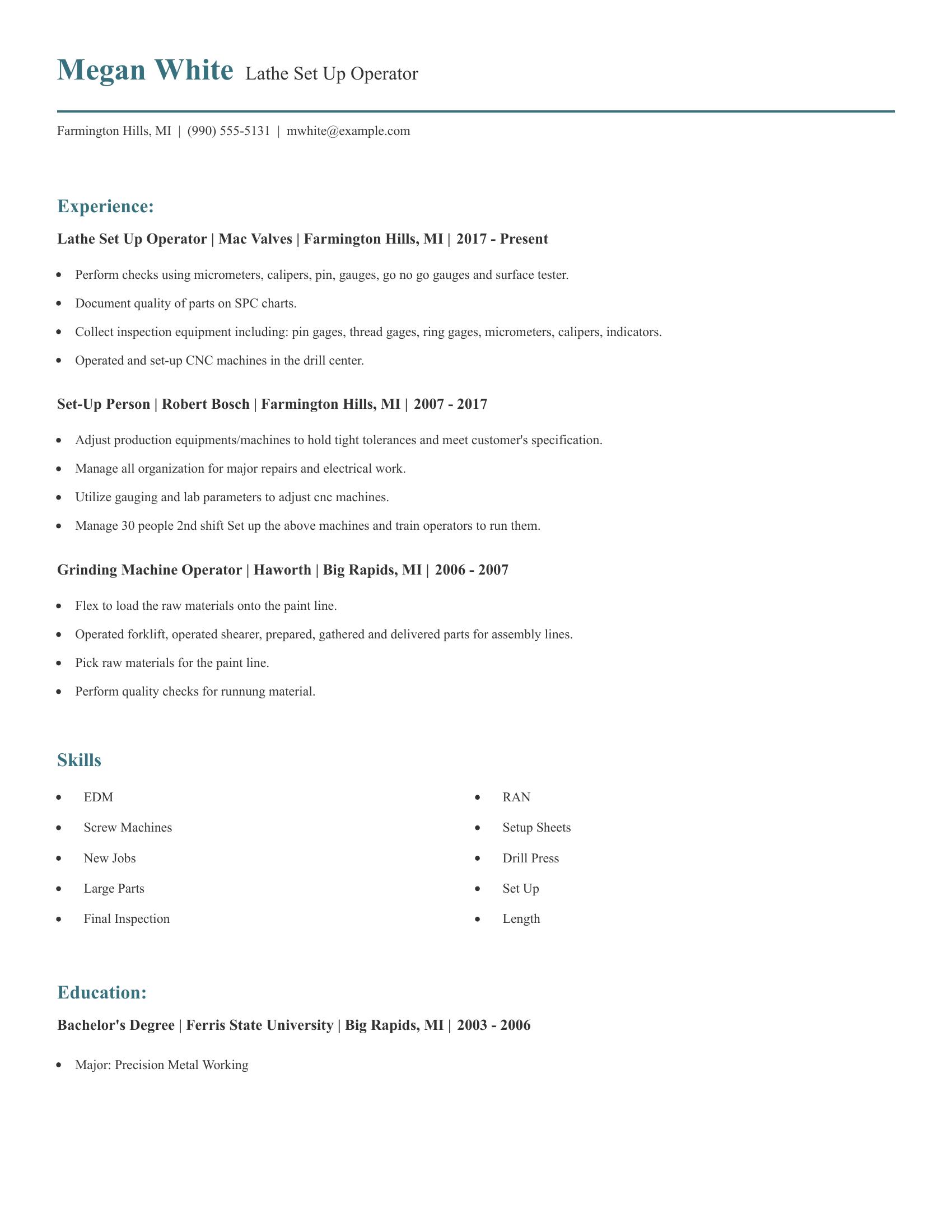 Lathe Set Up Operator resume example