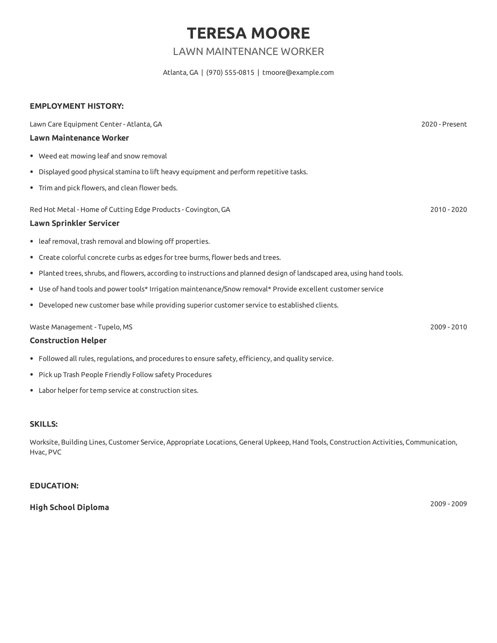 Lawn Maintenance Worker resume example