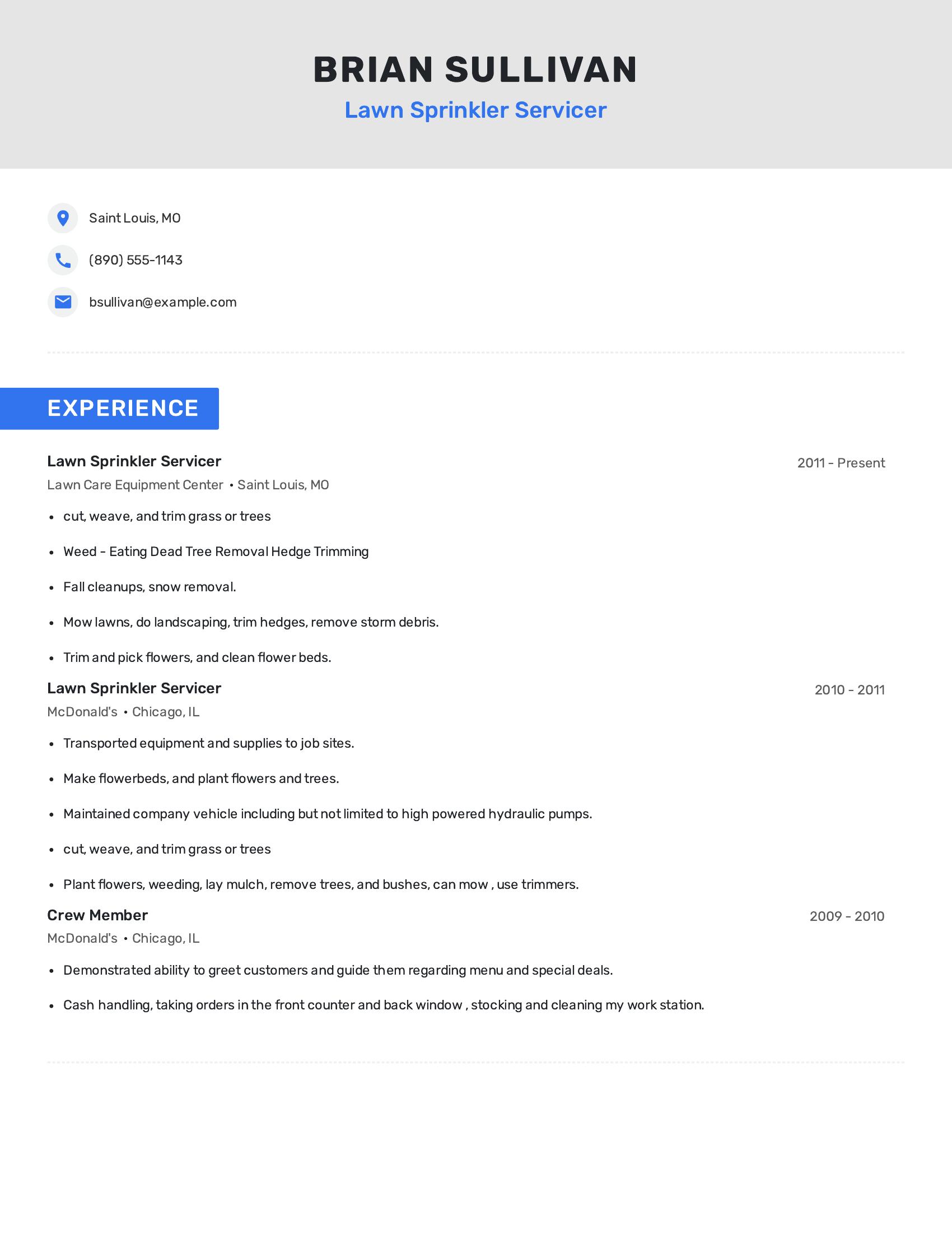 Lawn Sprinkler Servicer resume example