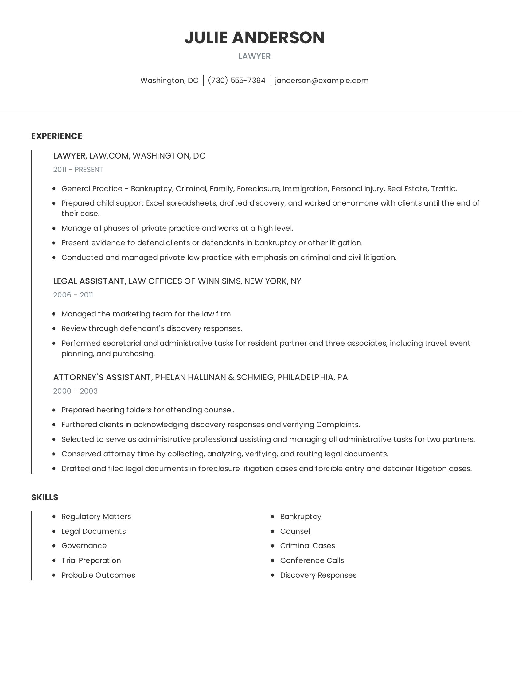 Lawyer resume example