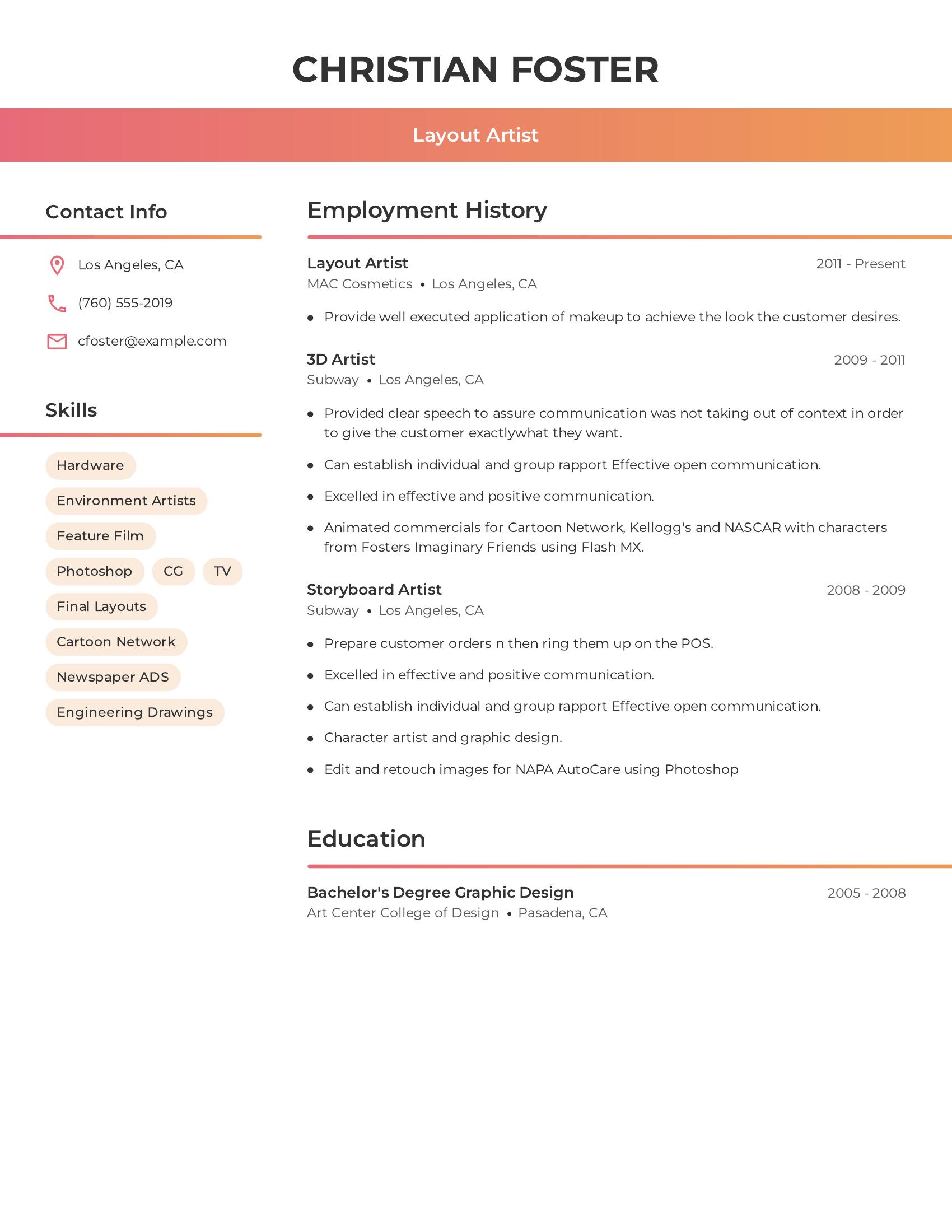 Layout Artist resume example