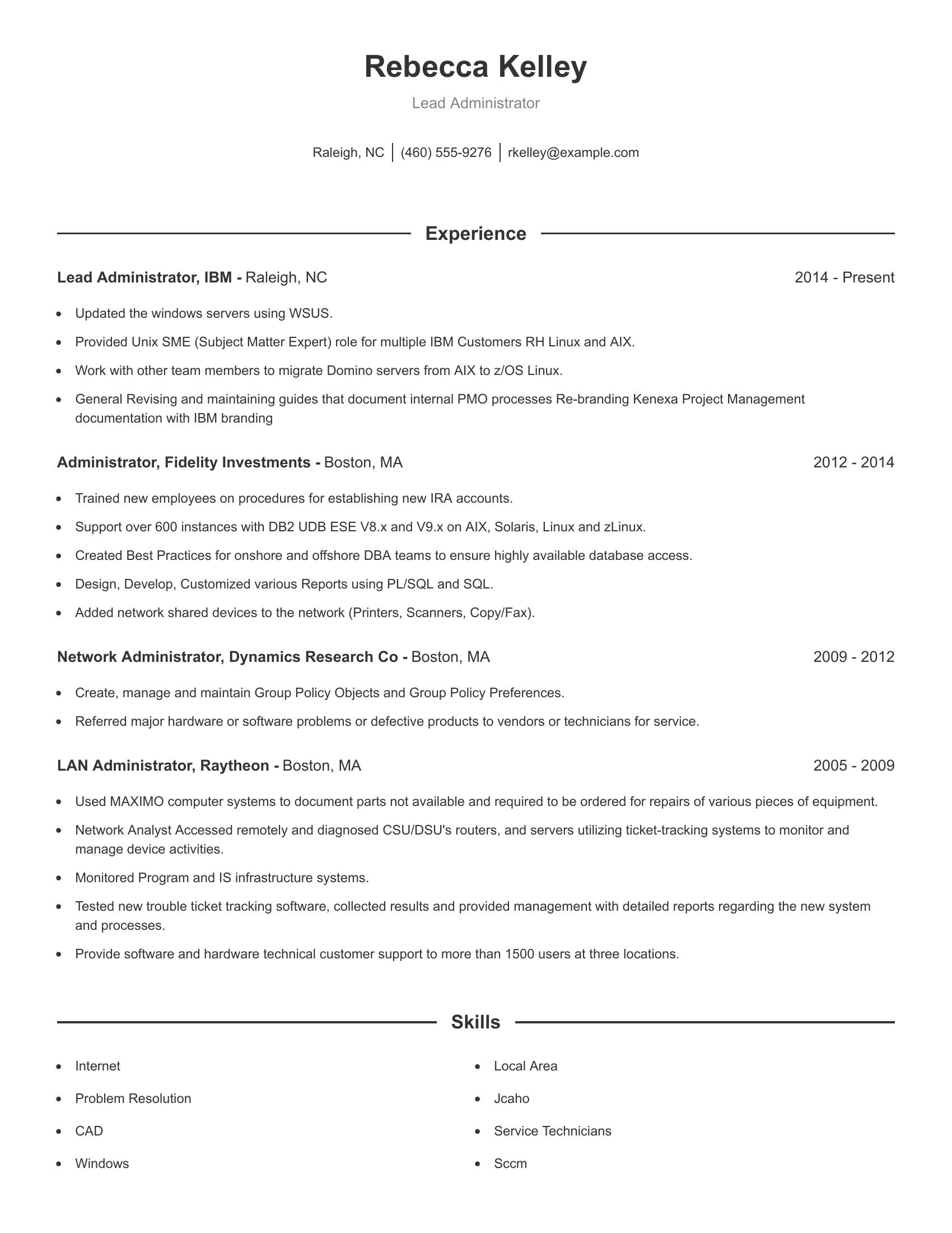 Lead Administrator resume example