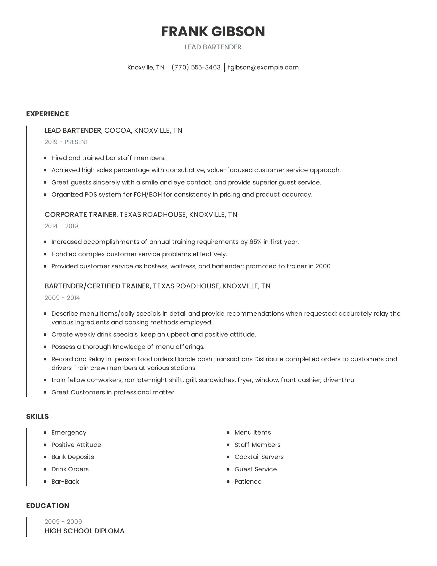 Lead Bartender resume example