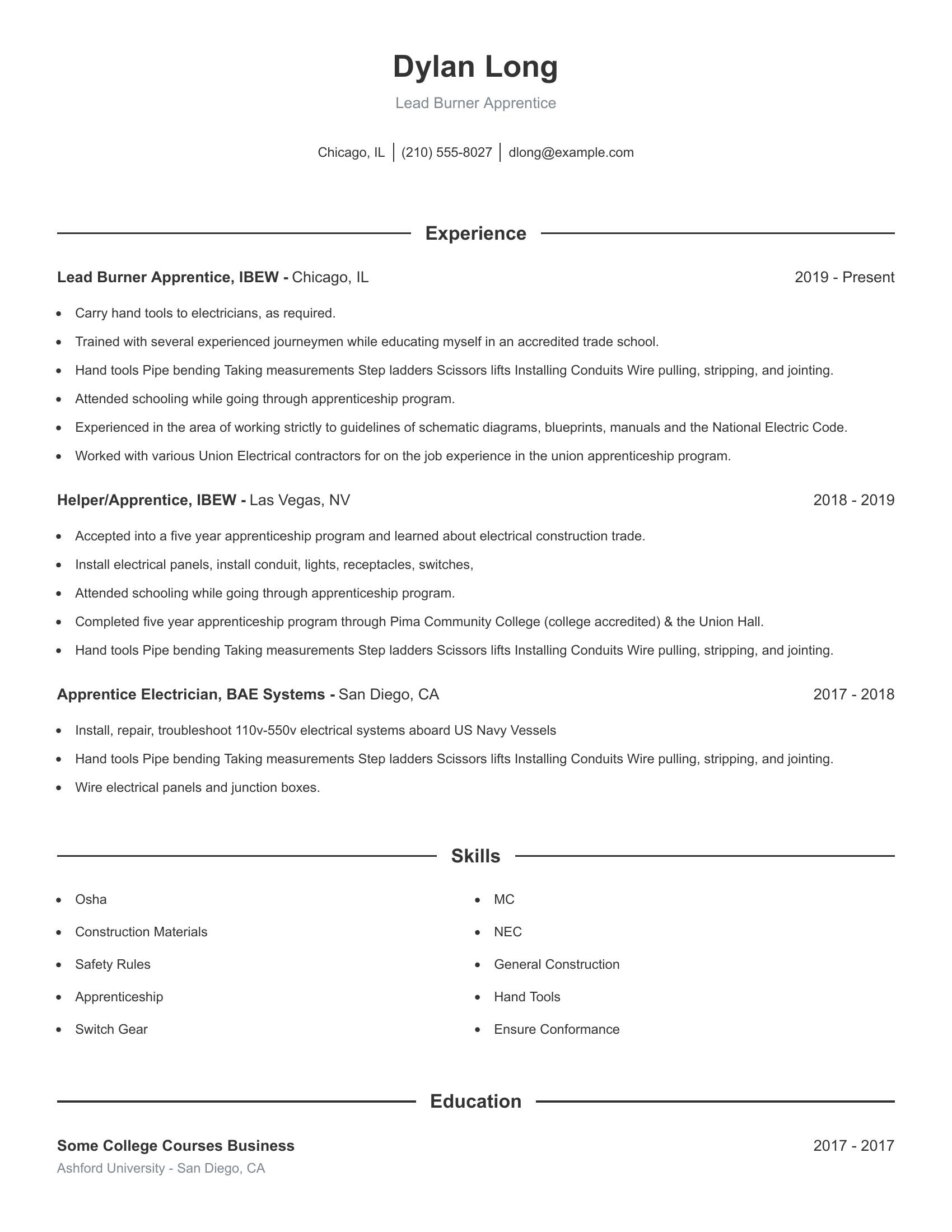 Lead Burner Apprentice resume example