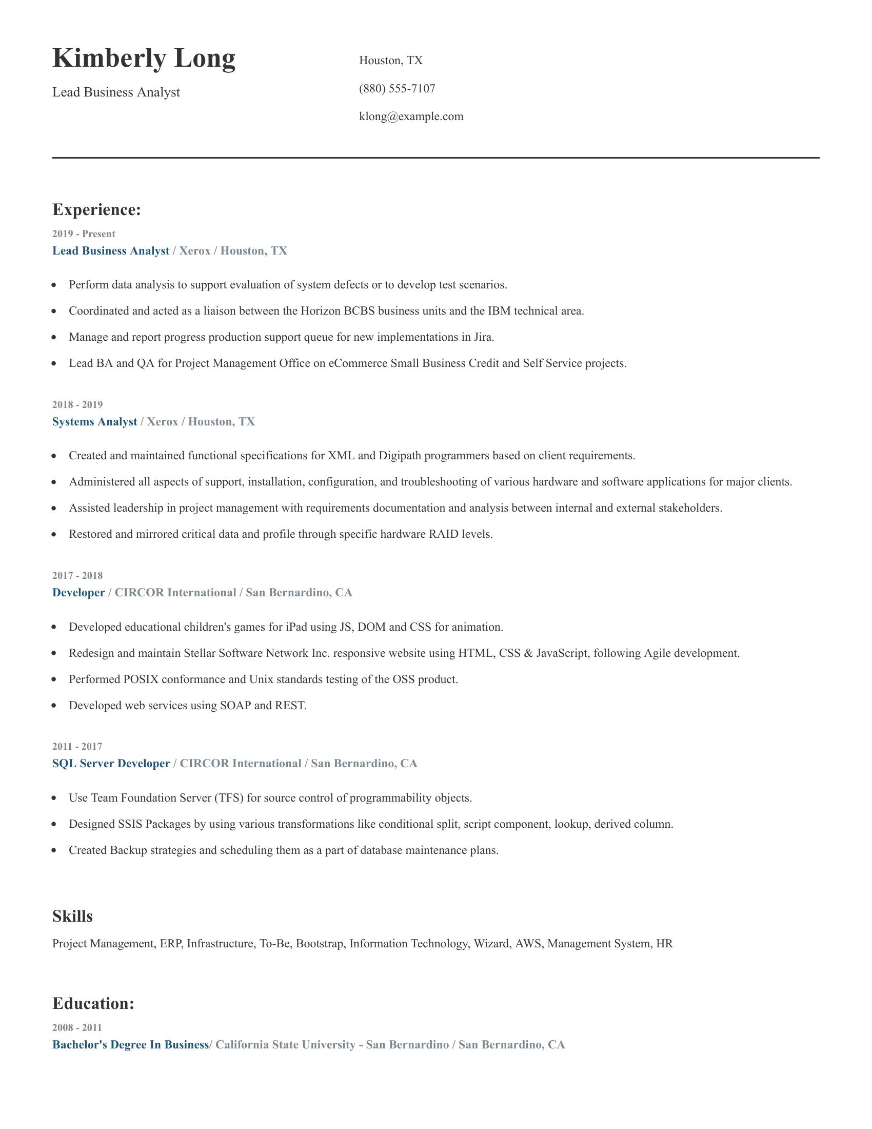 Lead Business Analyst resume example