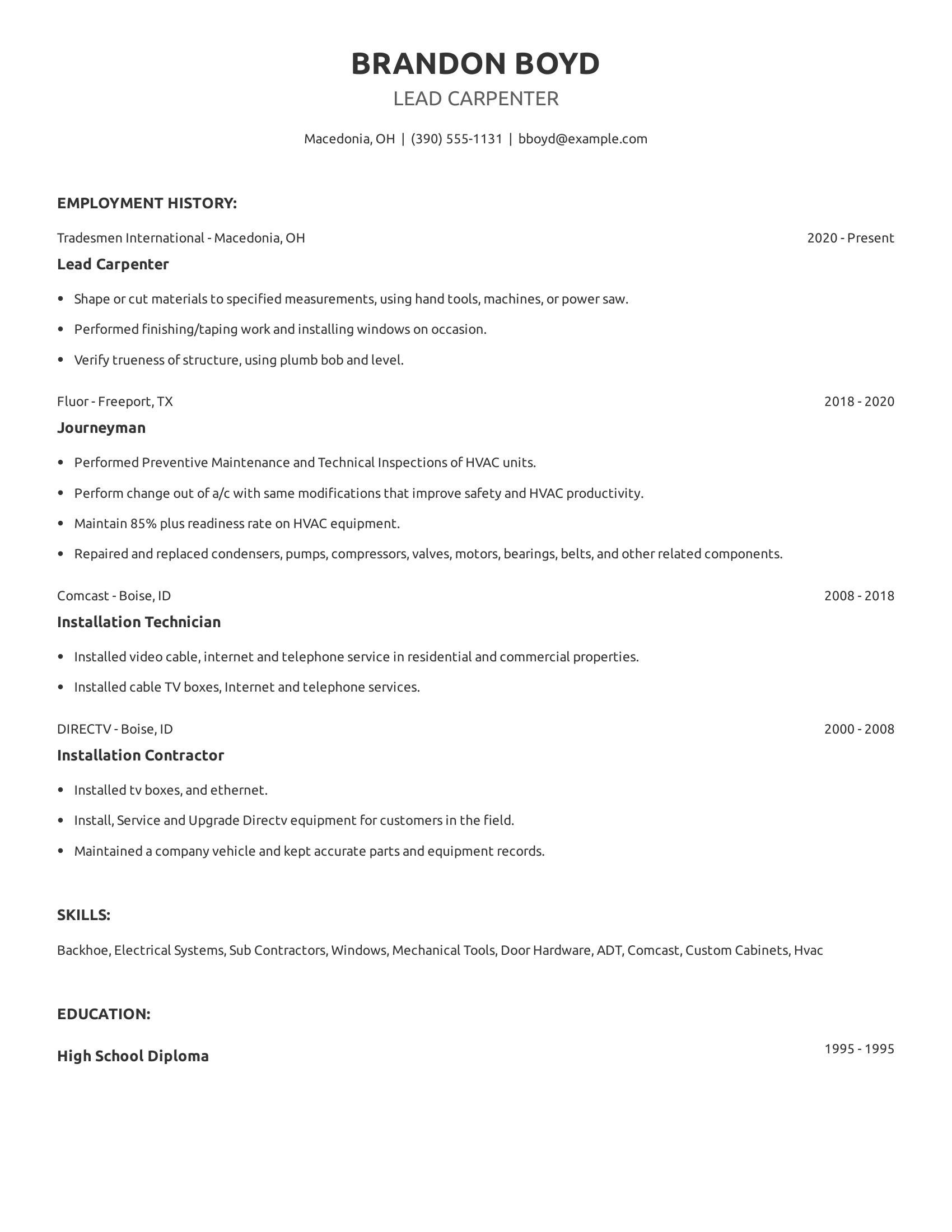 Lead Carpenter resume example