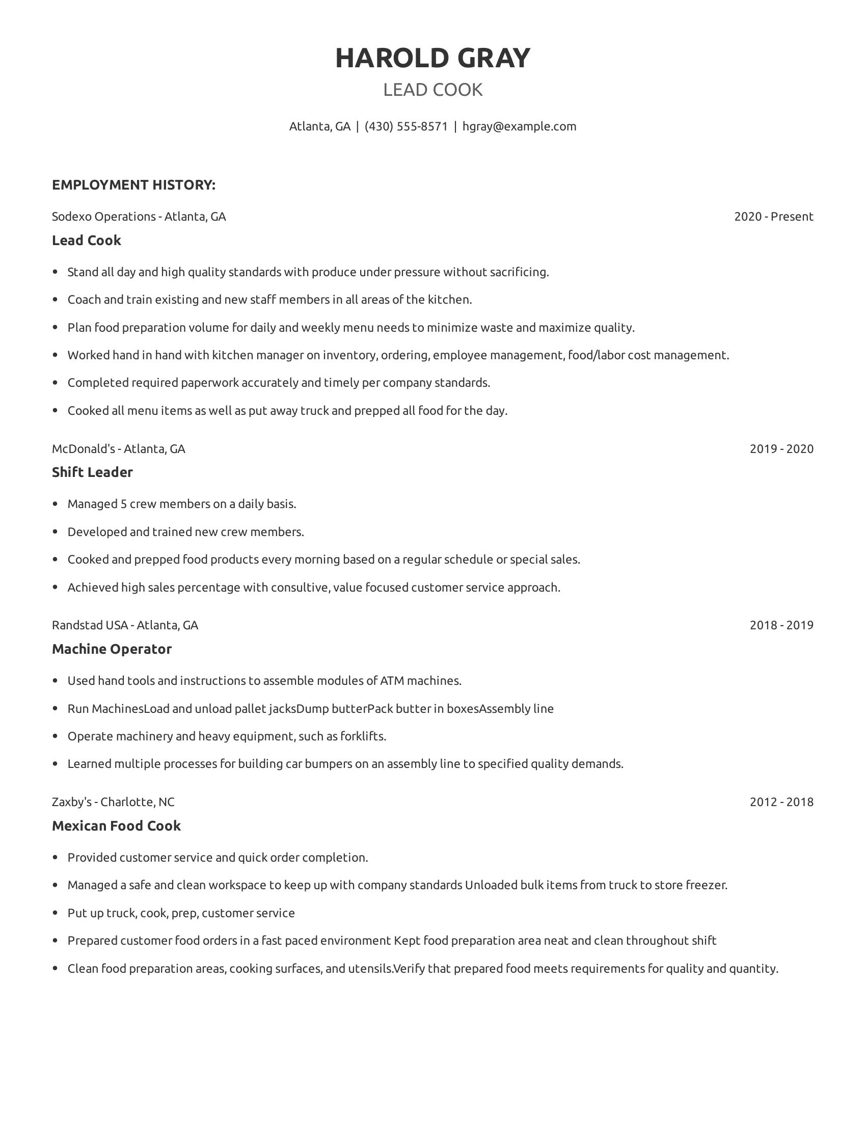 Lead Cook resume example