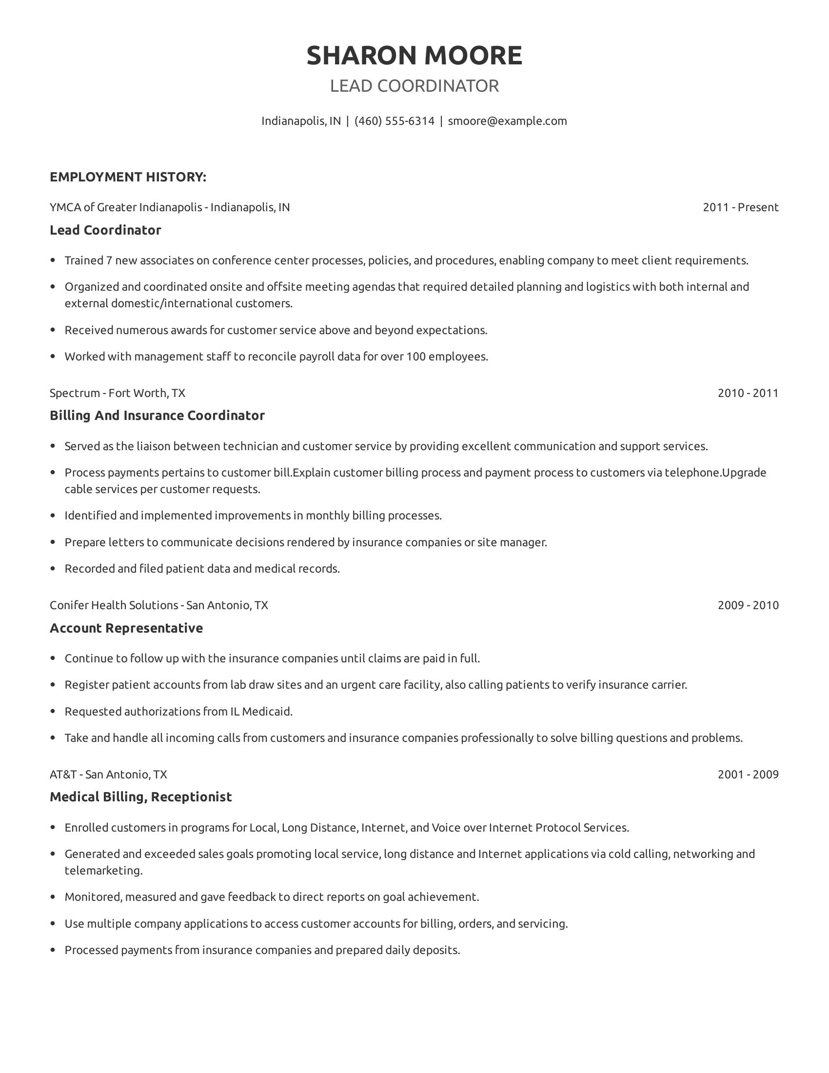 Lead Coordinator resume example