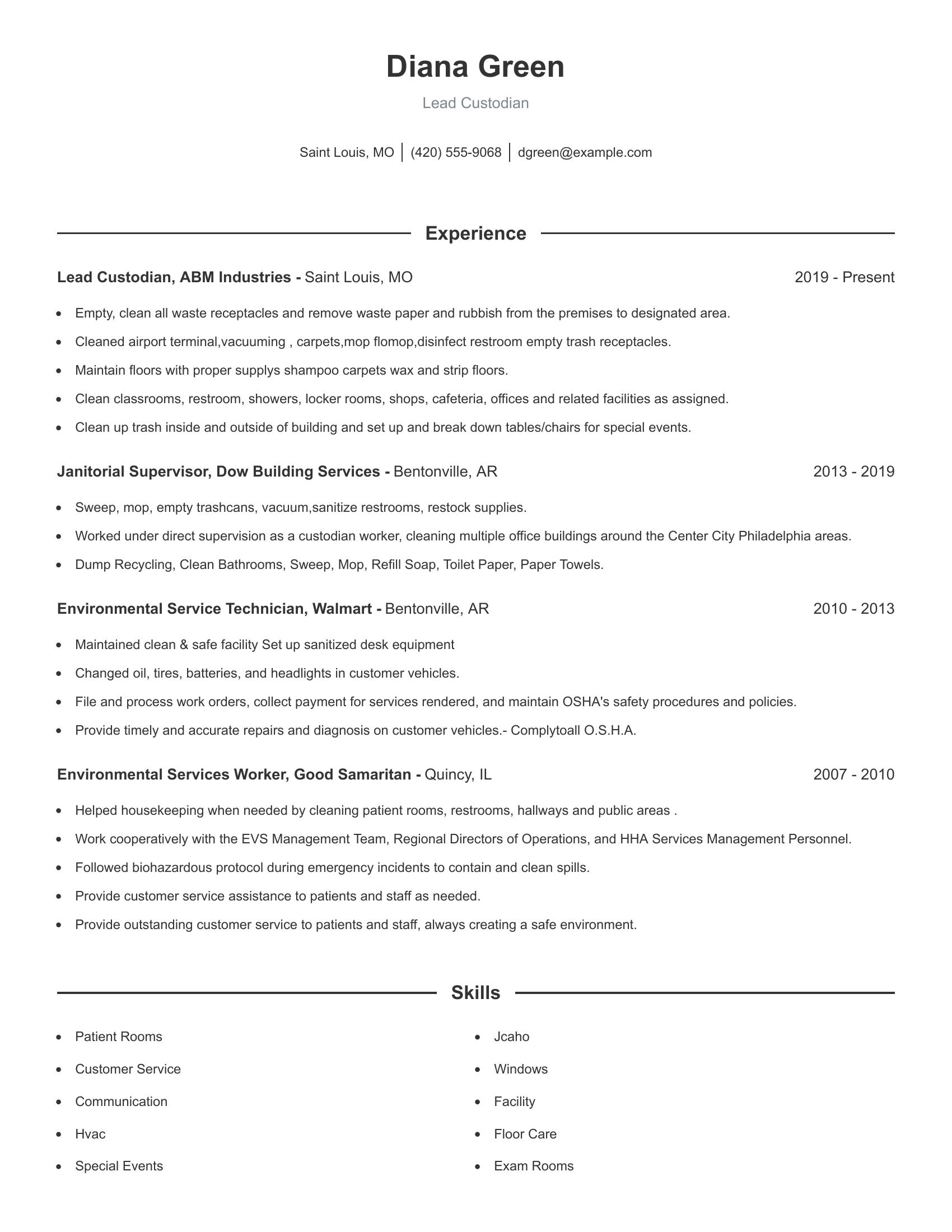 Lead Custodian resume example