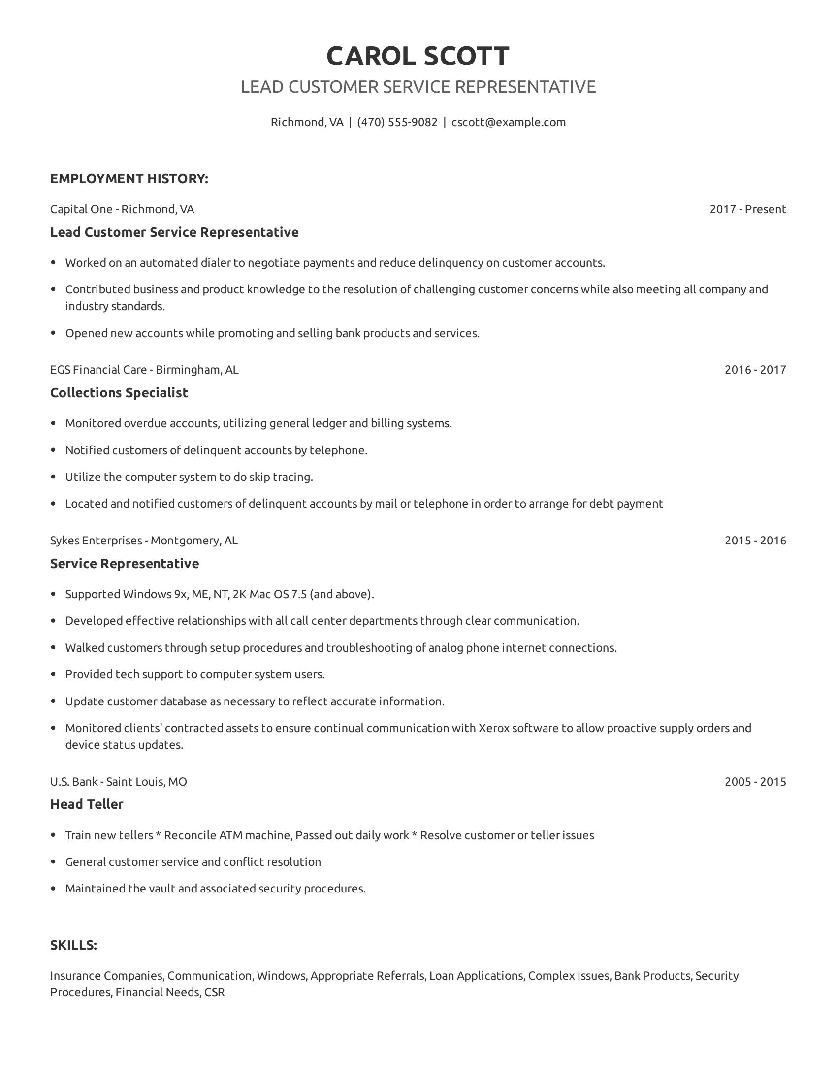 Lead Customer Service Representative resume example