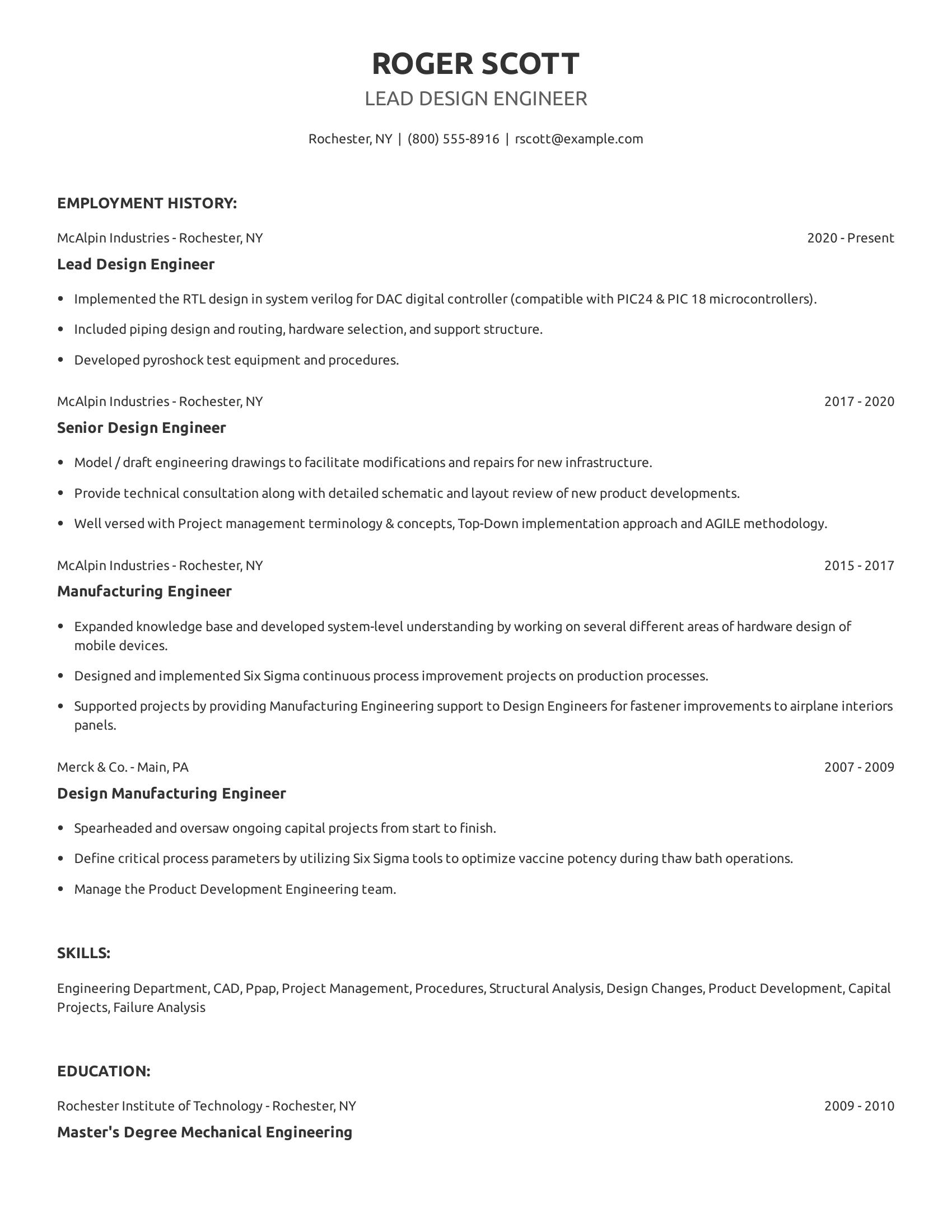 Lead Design Engineer resume example