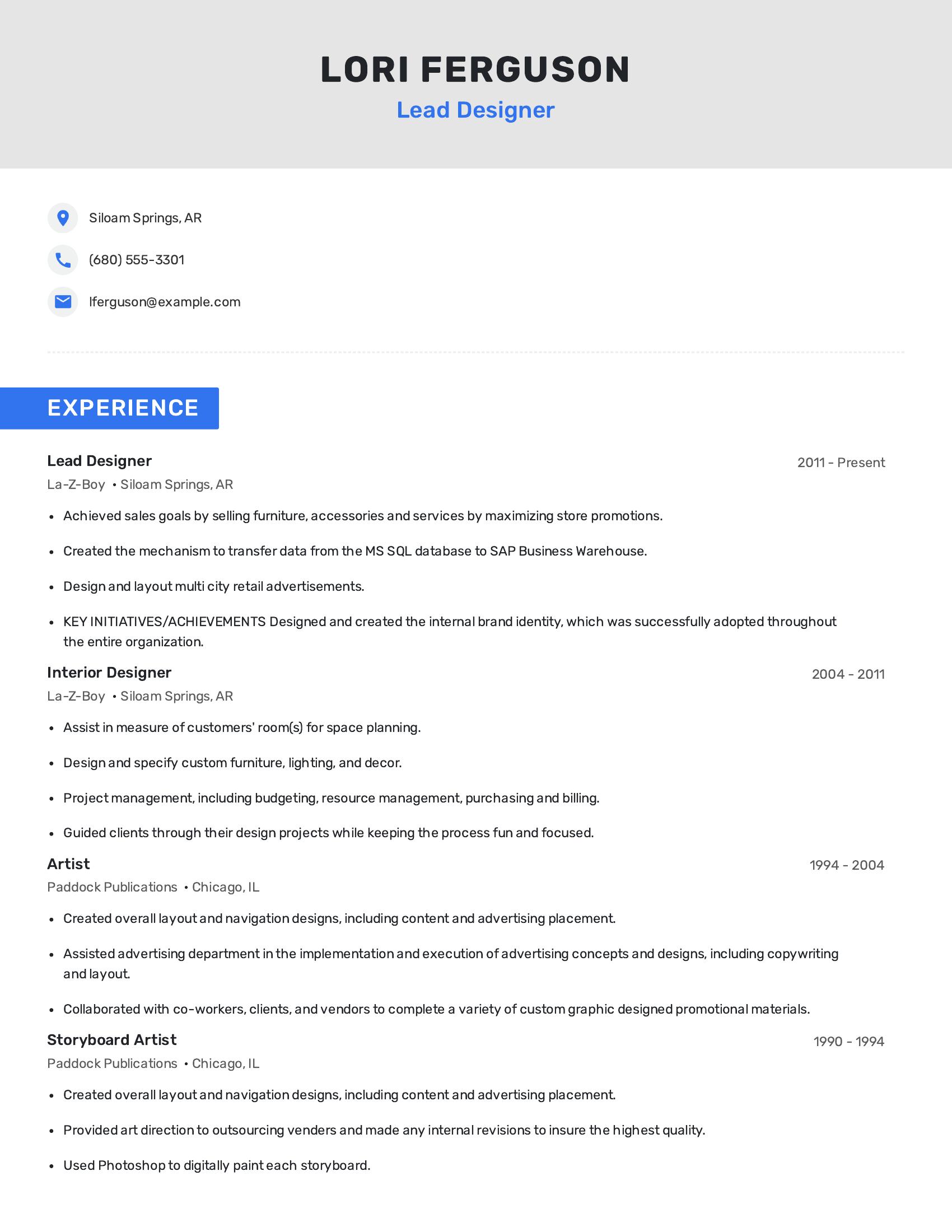 Lead Designer resume example