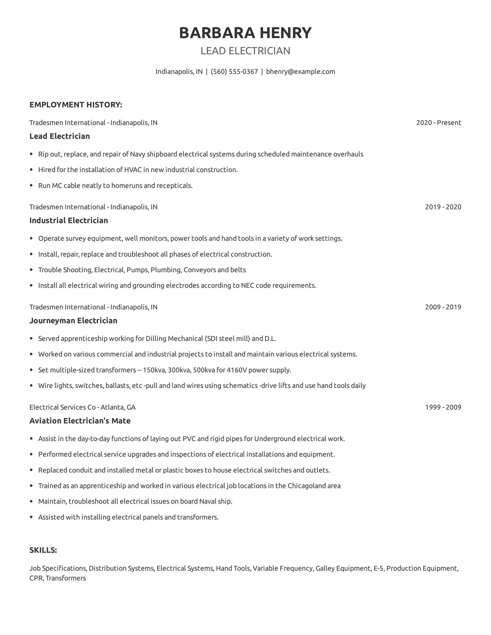 Lead Electrician resume example