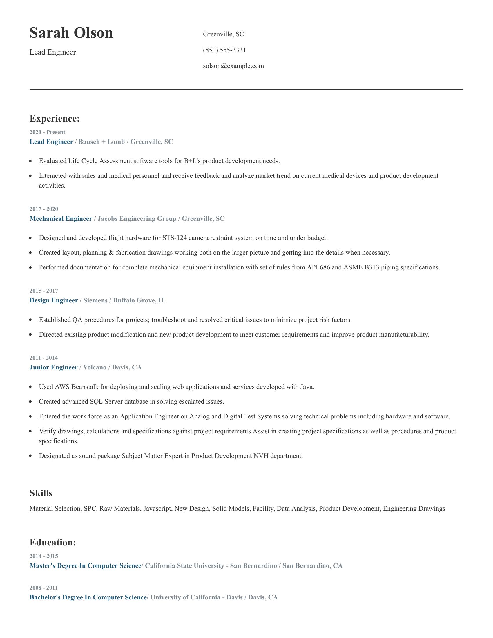 Lead Engineer resume example