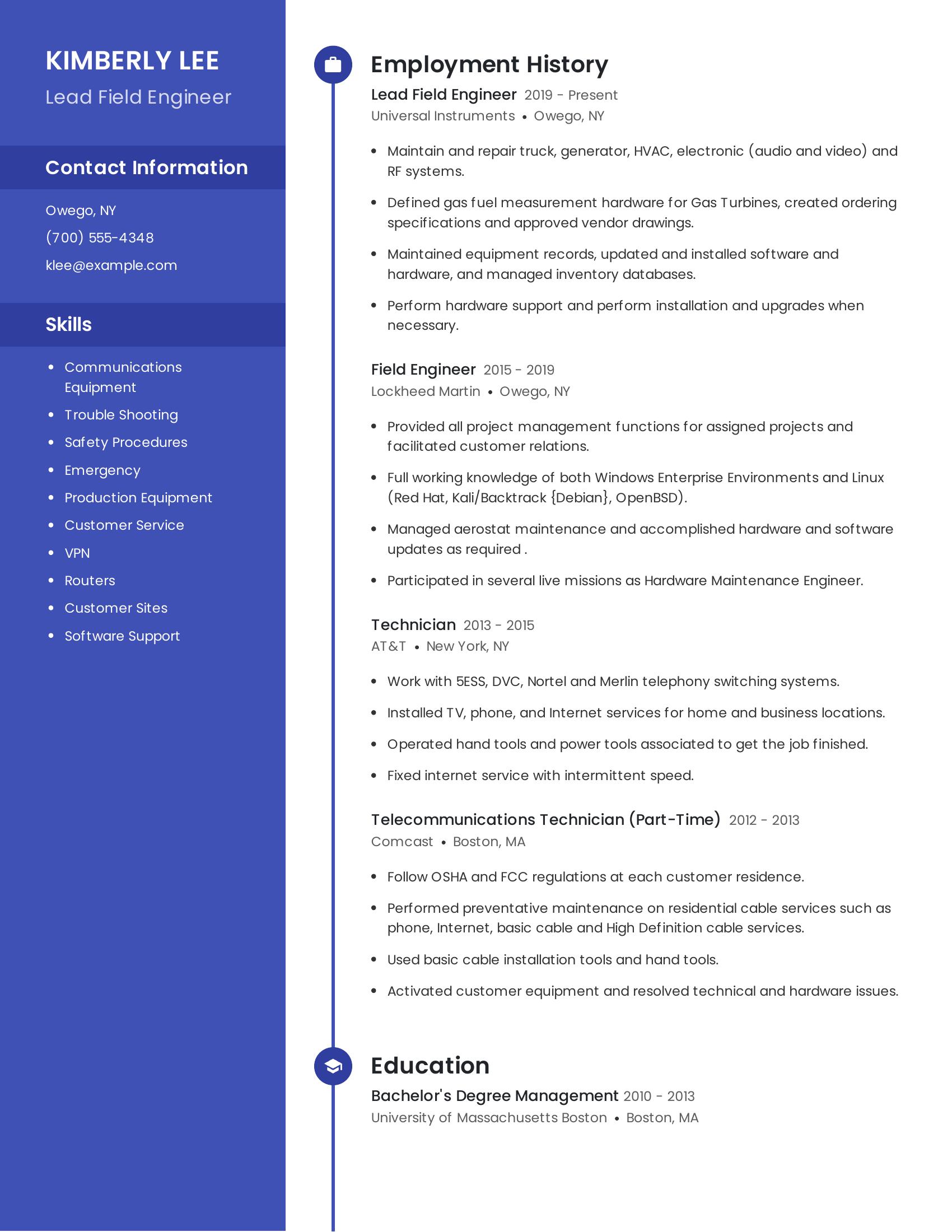 Lead Field Engineer resume example