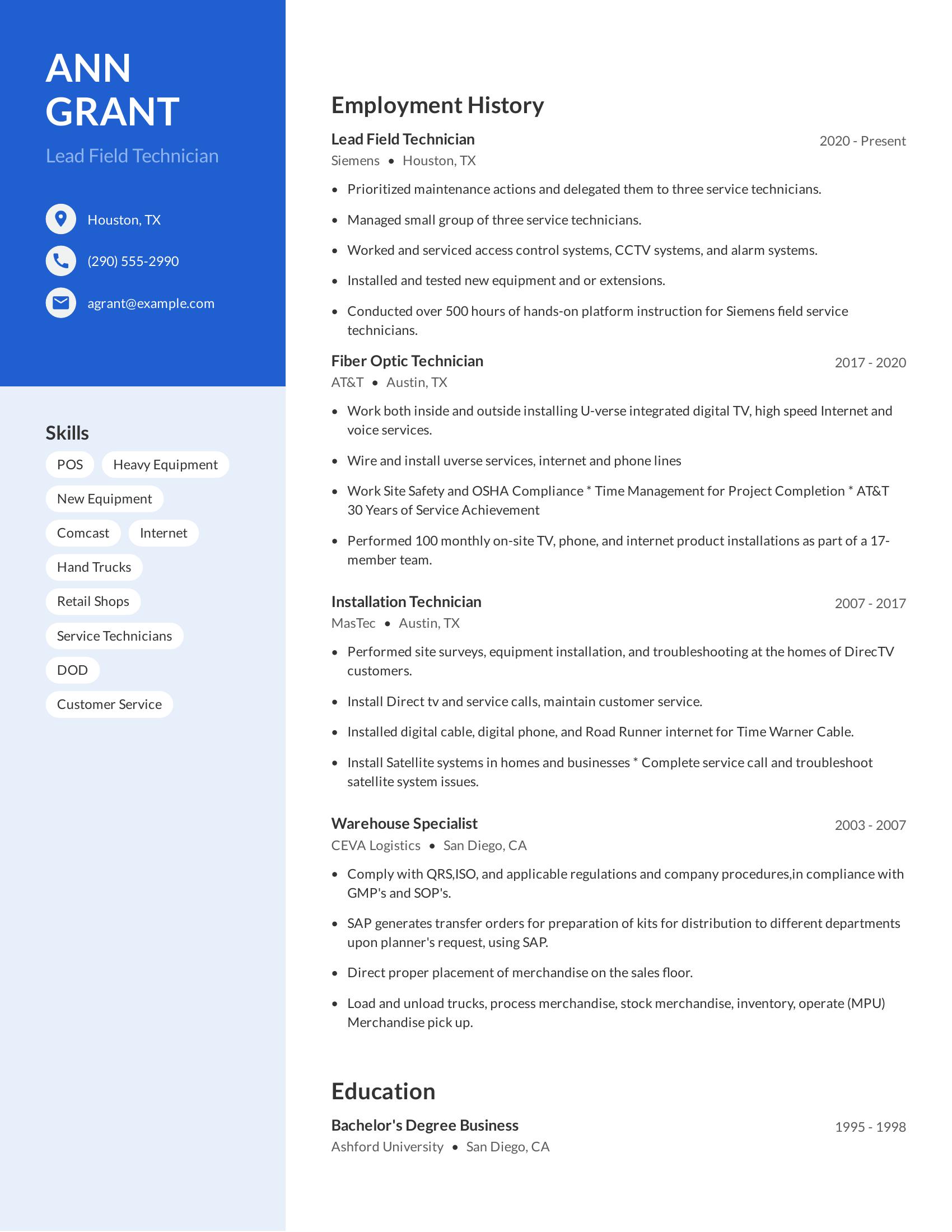 Lead Field Technician resume example