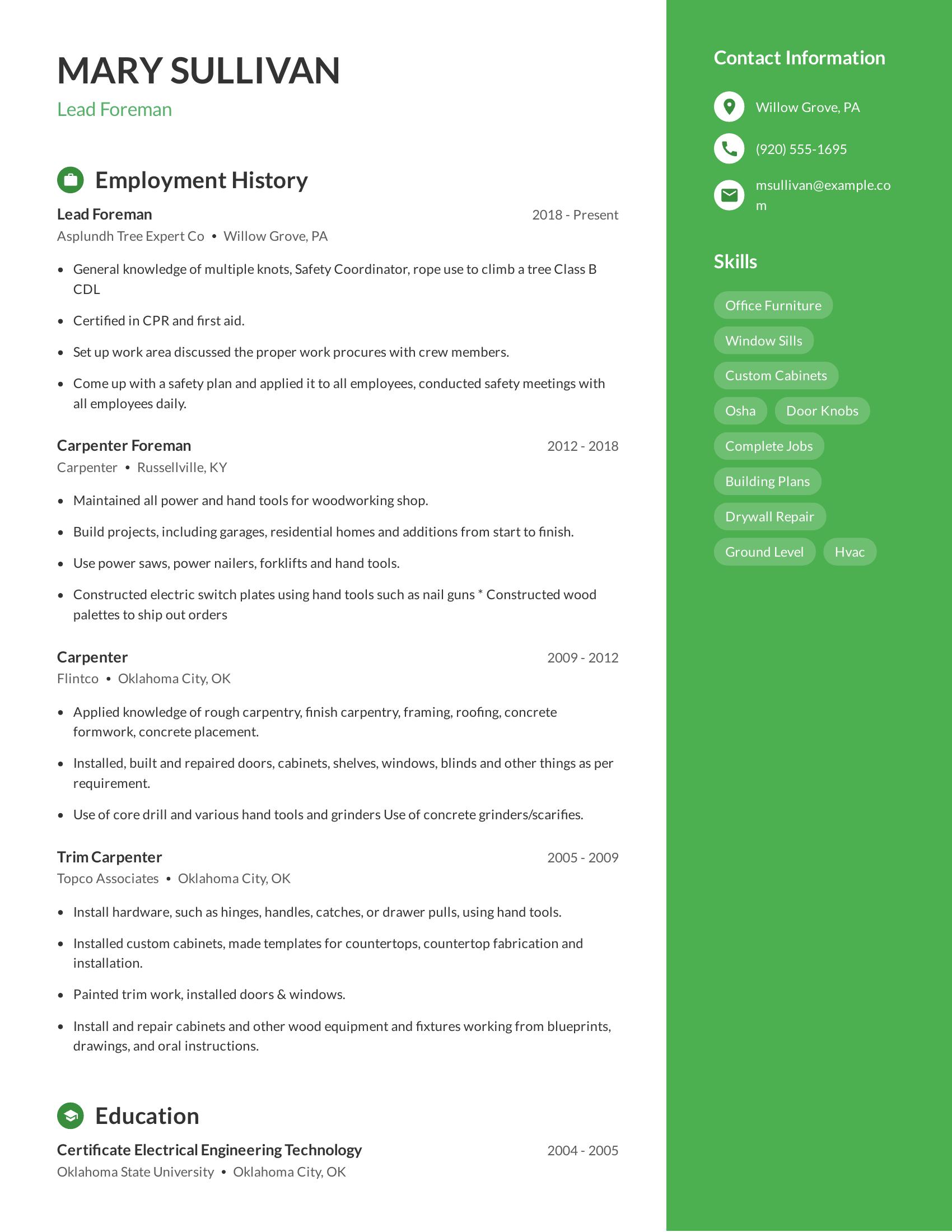 Lead Foreman resume example