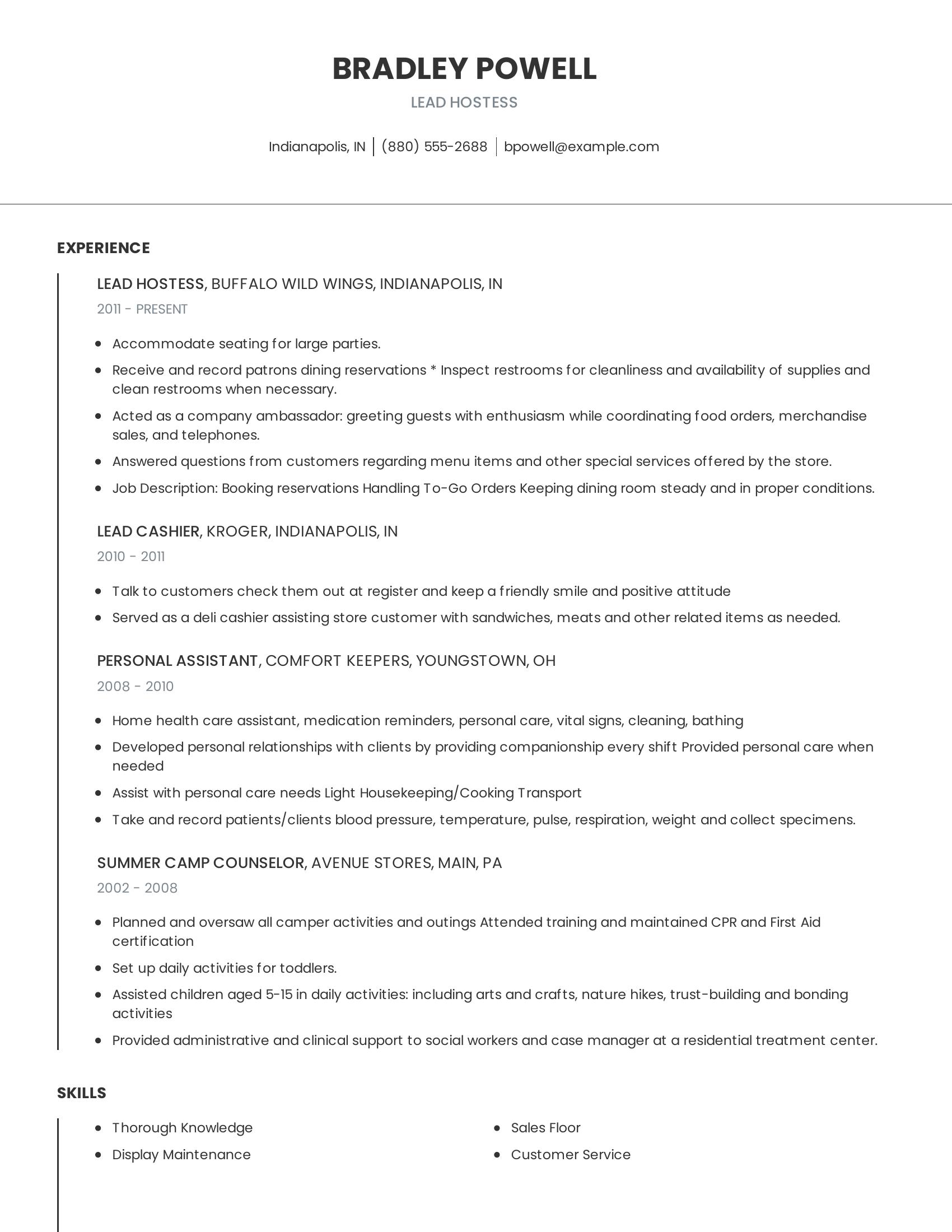 Lead Hostess resume example