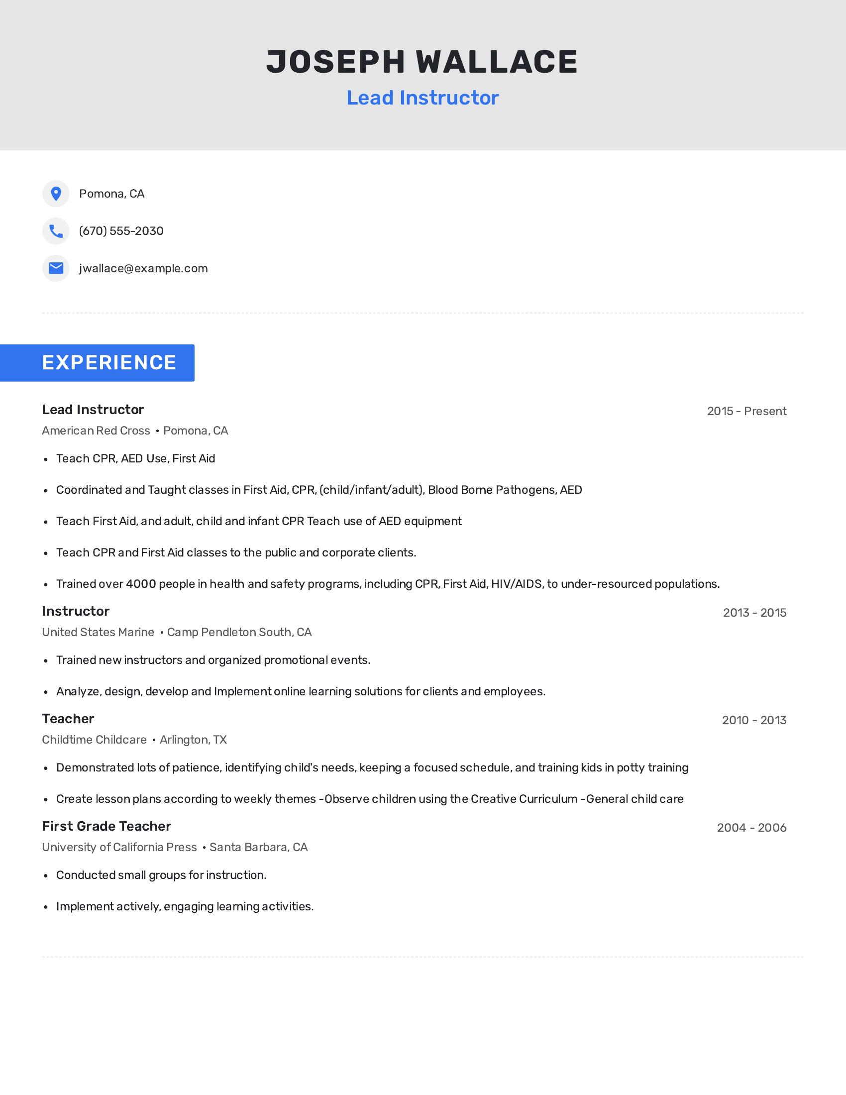 Lead Instructor resume example
