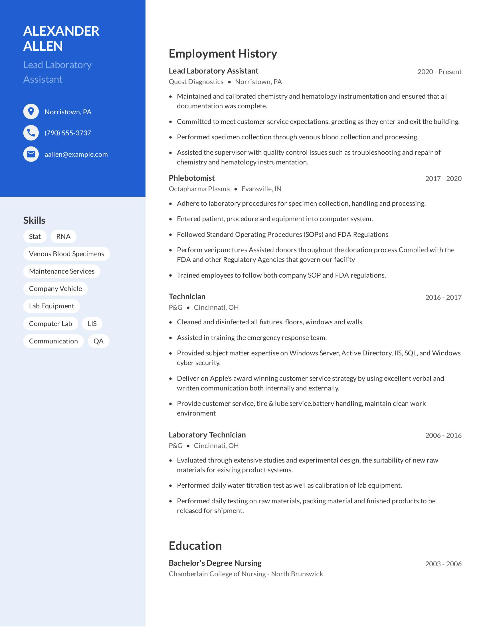 Lead Laboratory Assistant resume example