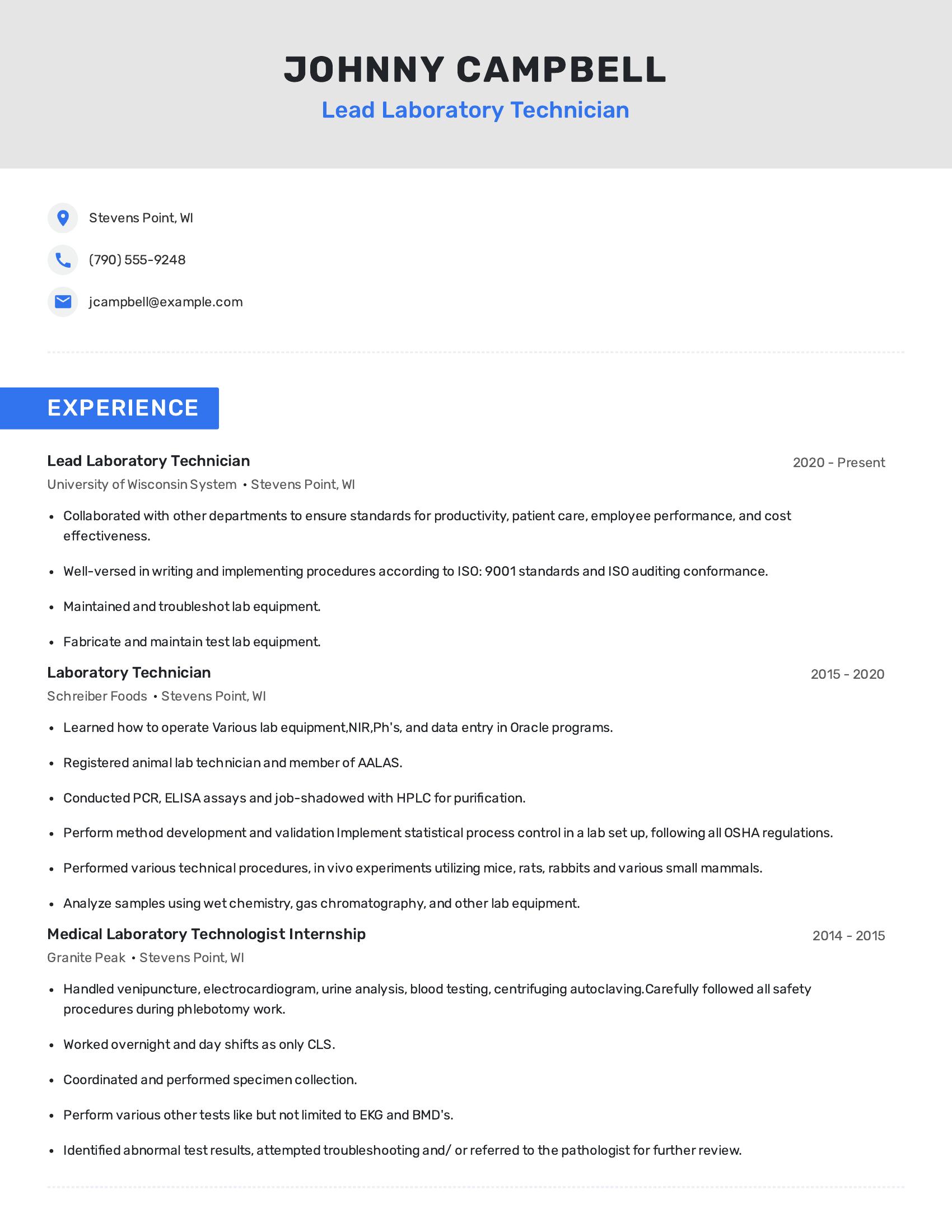 Lead Laboratory Technician resume example