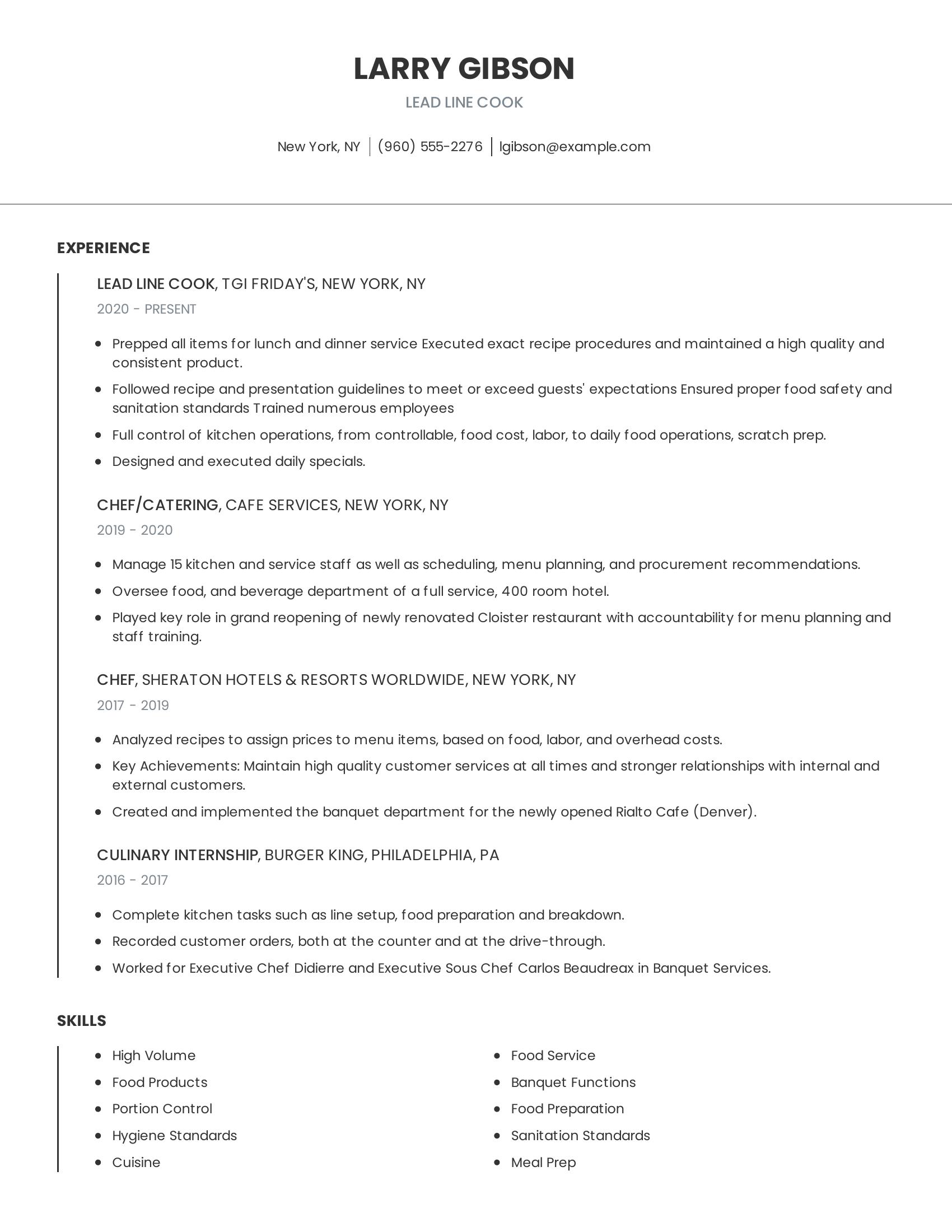 Lead Line Cook resume example