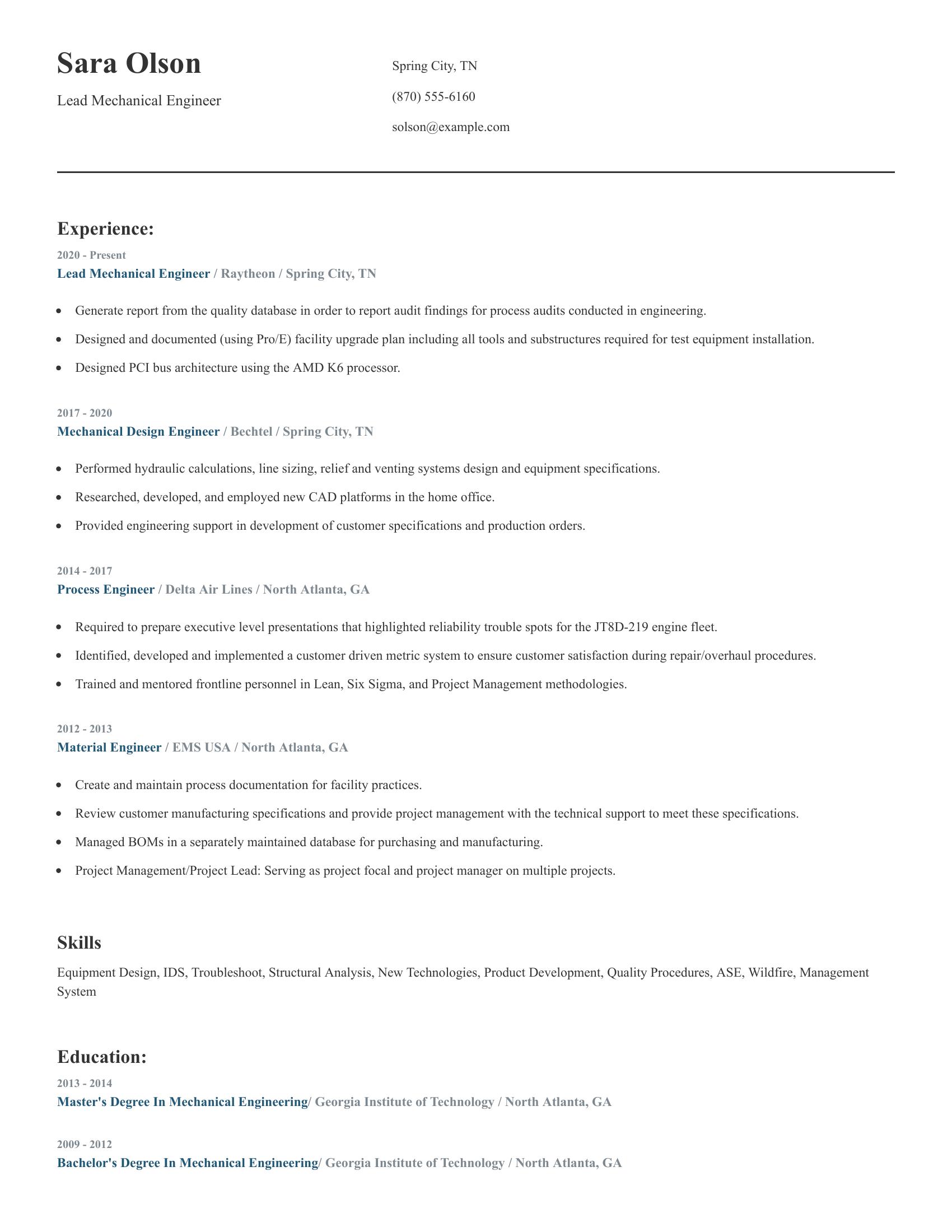 Lead Mechanical Engineer resume example