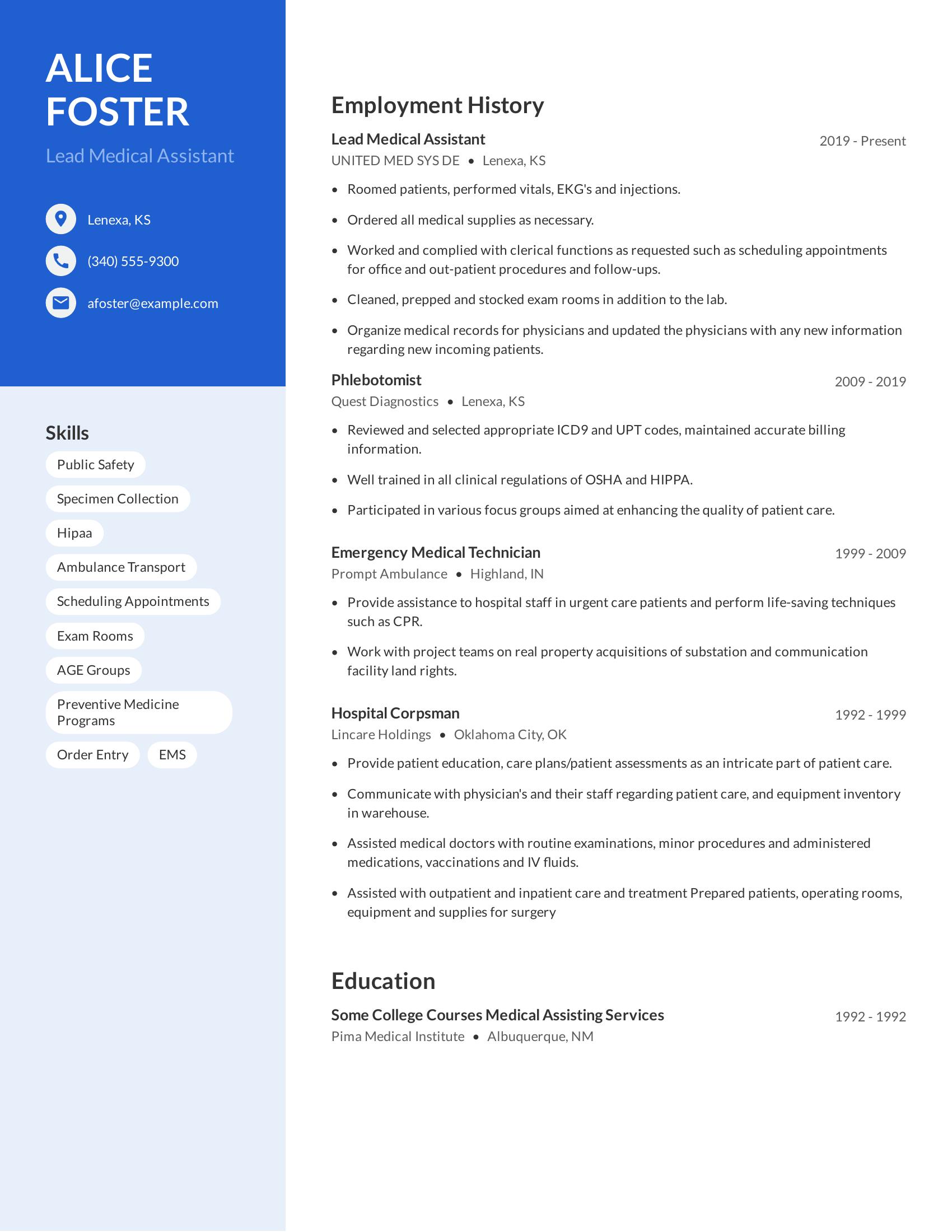 Lead Medical Assistant resume example