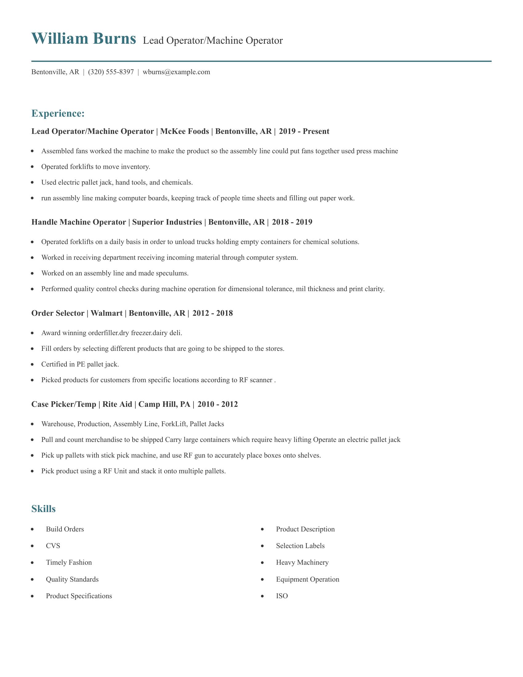 Lead Operator/Machine Operator resume example