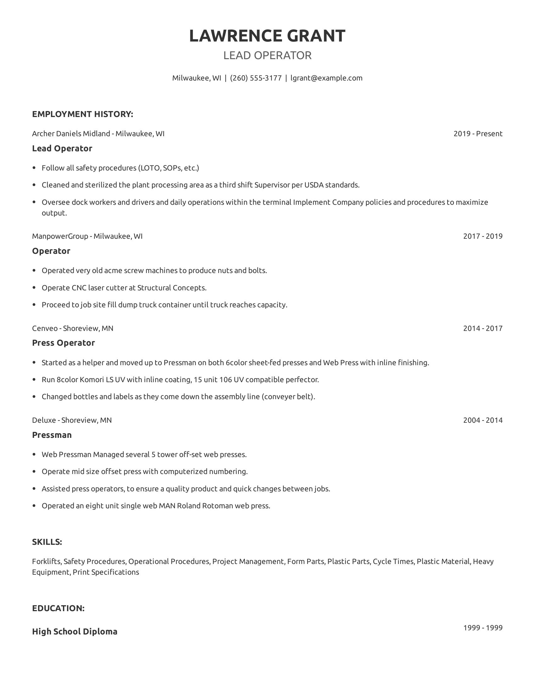 Lead Operator resume example