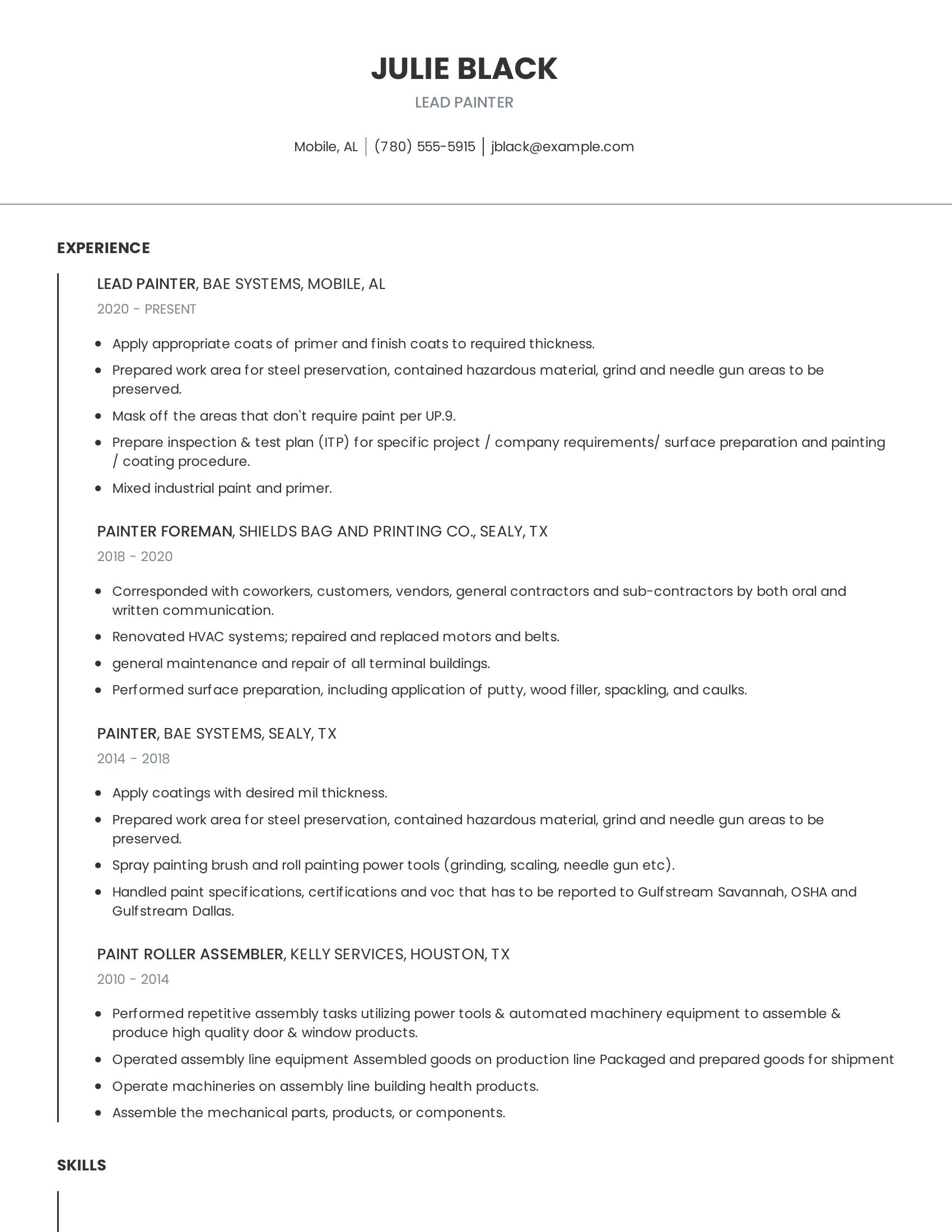 Lead Painter resume example