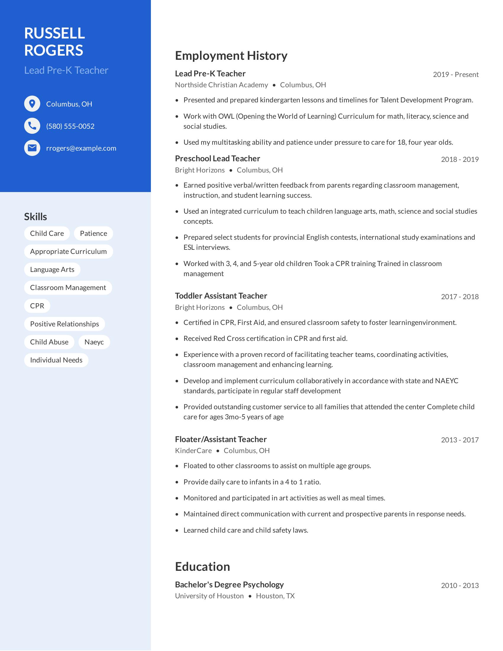 Lead Pre-K Teacher resume example