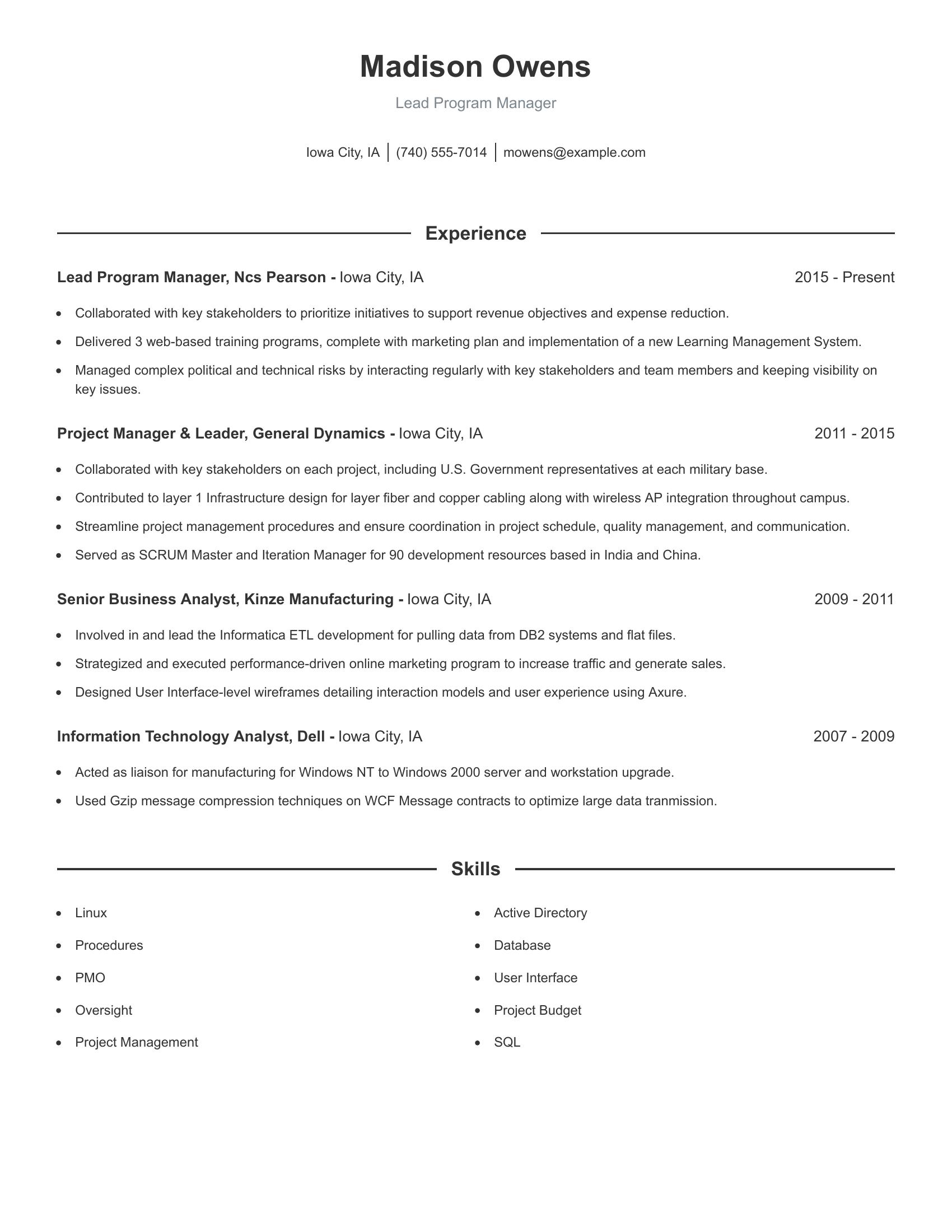 Lead Program Manager resume example