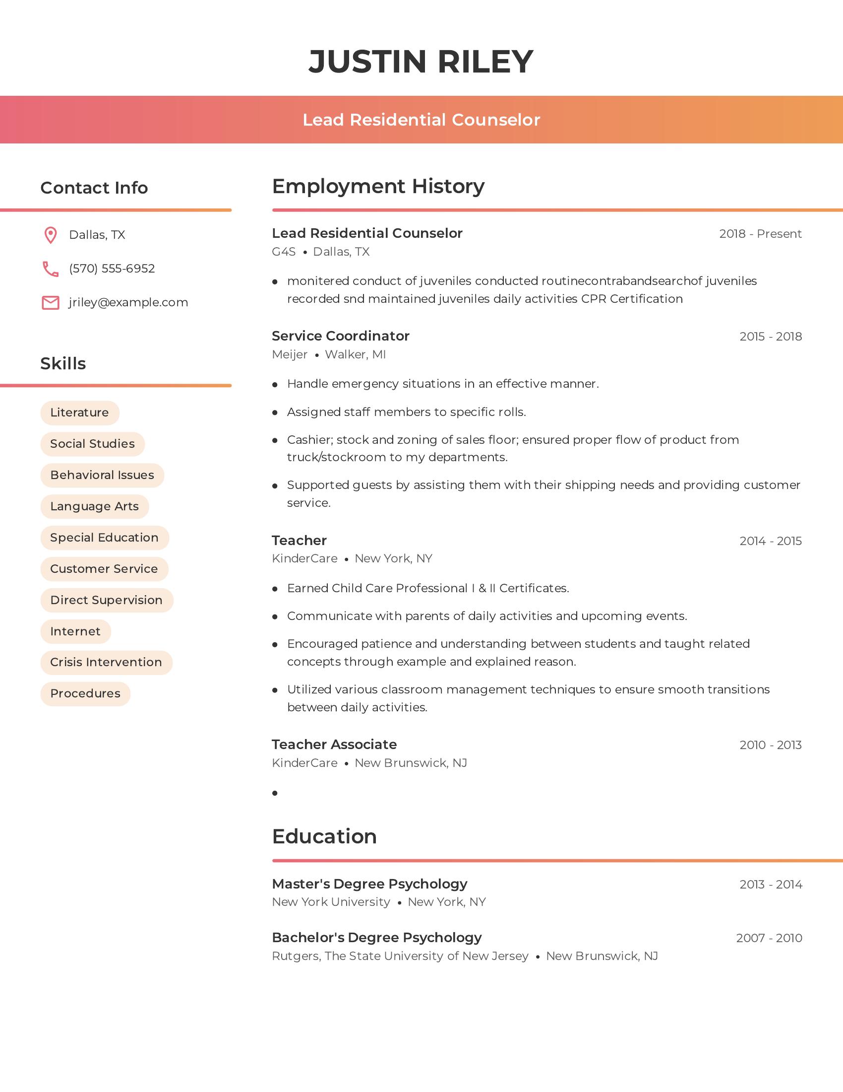 Lead Residential Counselor resume example