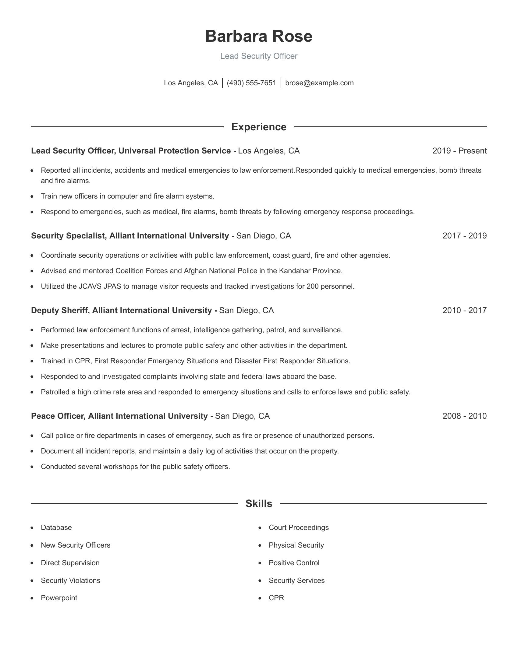 Lead Security Officer resume example