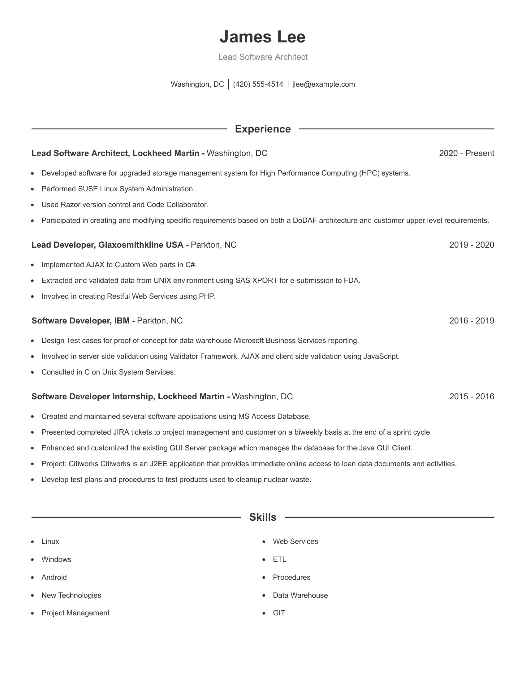 Lead Software Architect resume example