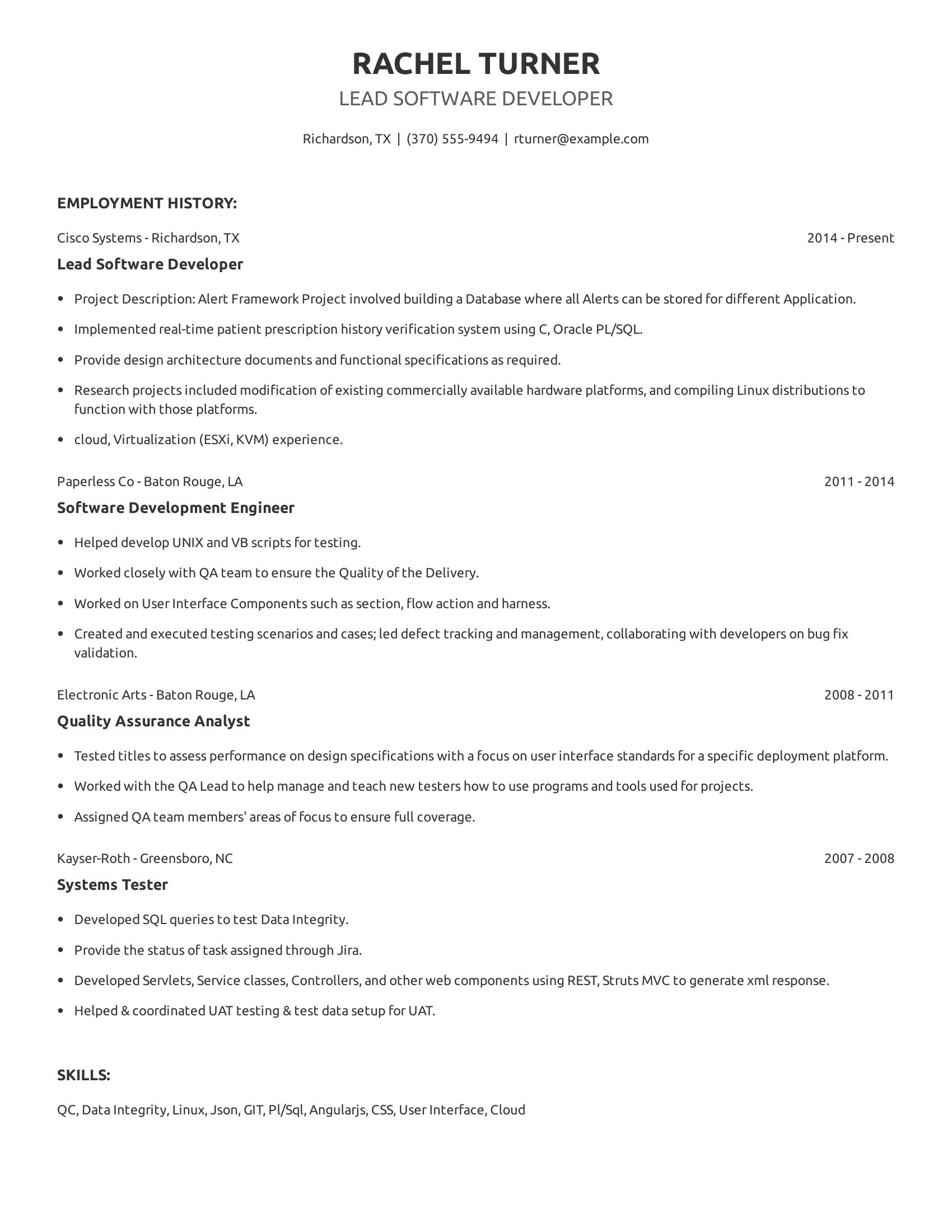 Lead Software Developer resume example