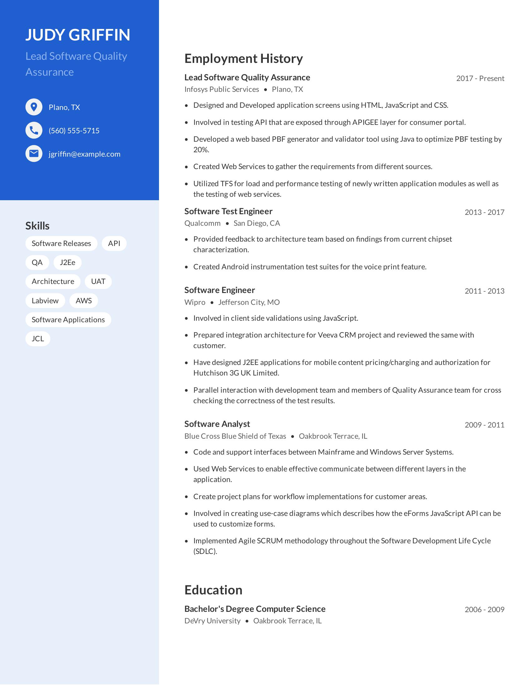 Lead Software Quality Assurance resume example