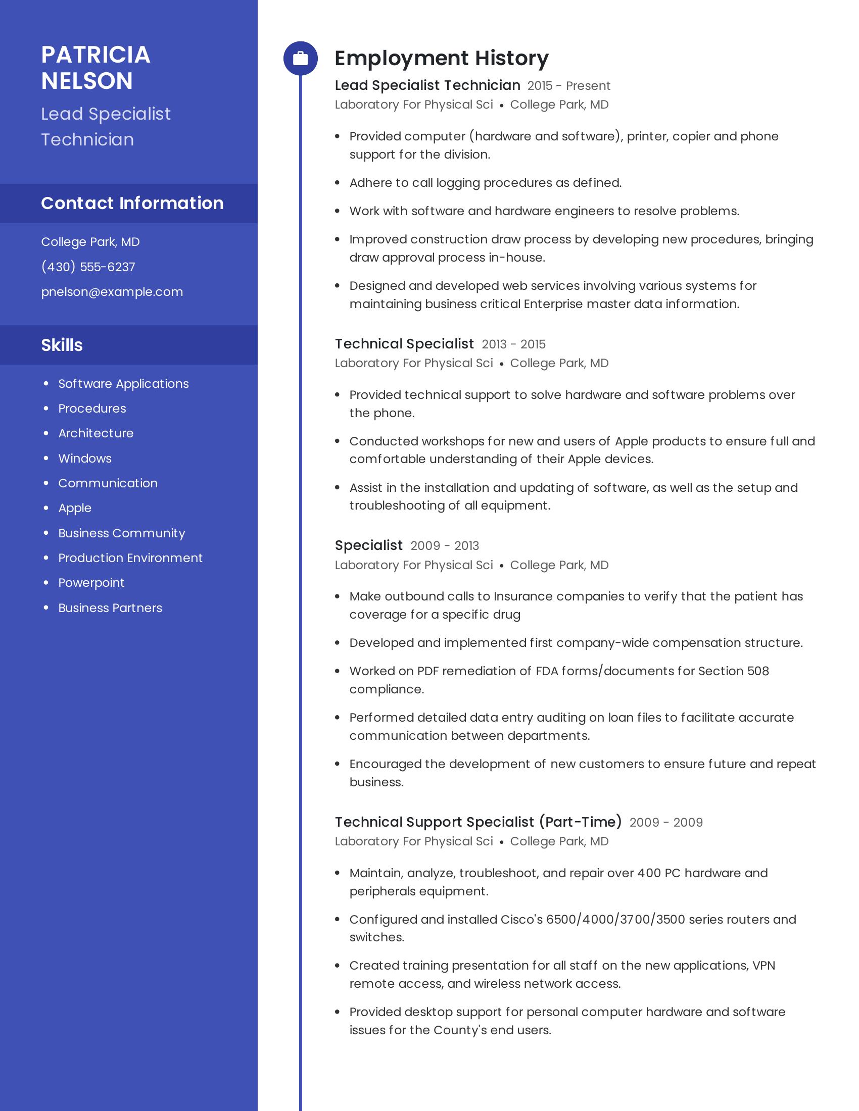 Lead Specialist Technician resume example