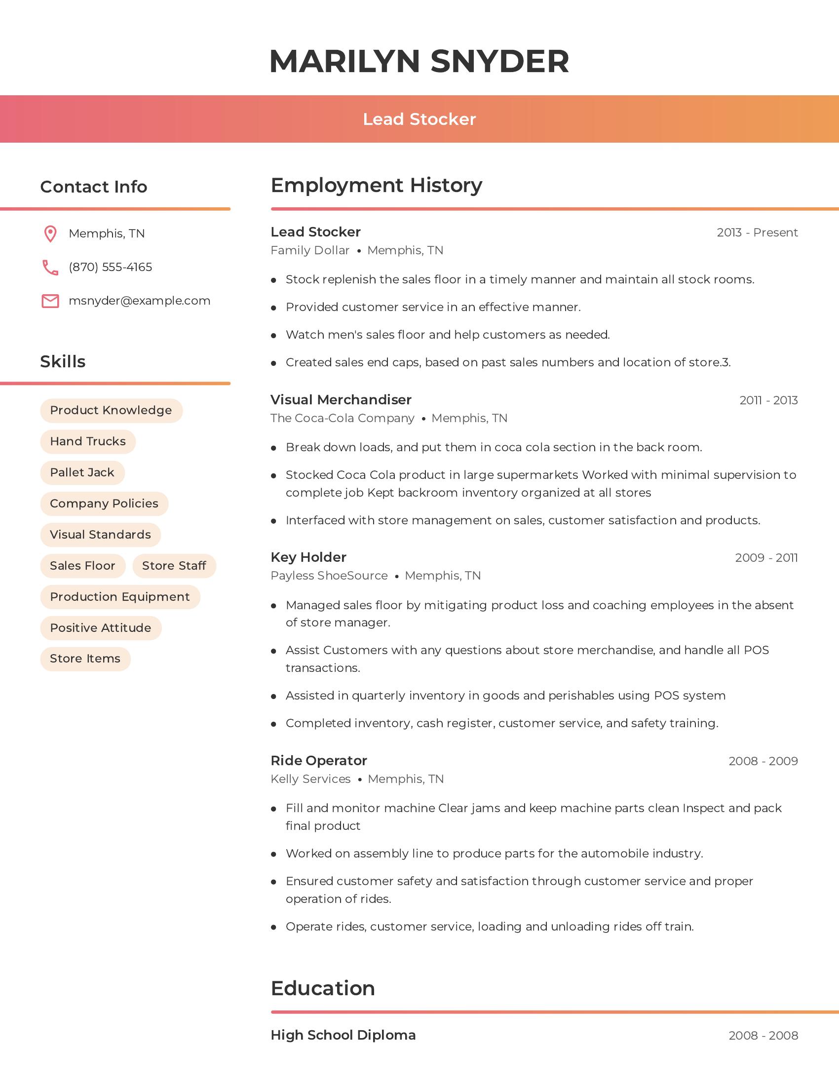 Lead Stocker resume example