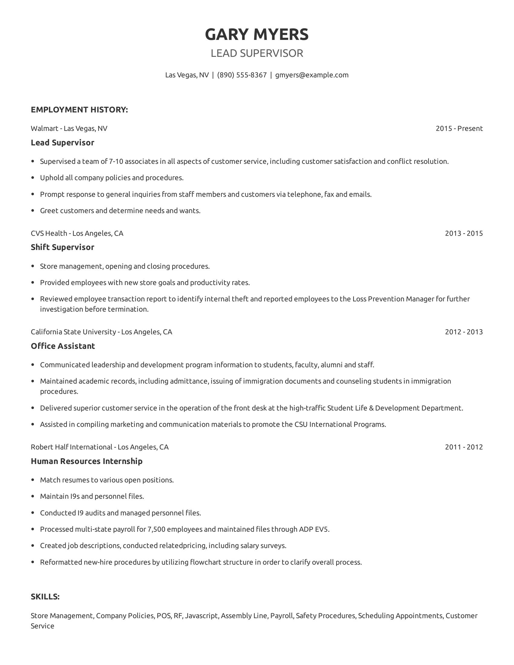 Lead Supervisor resume example