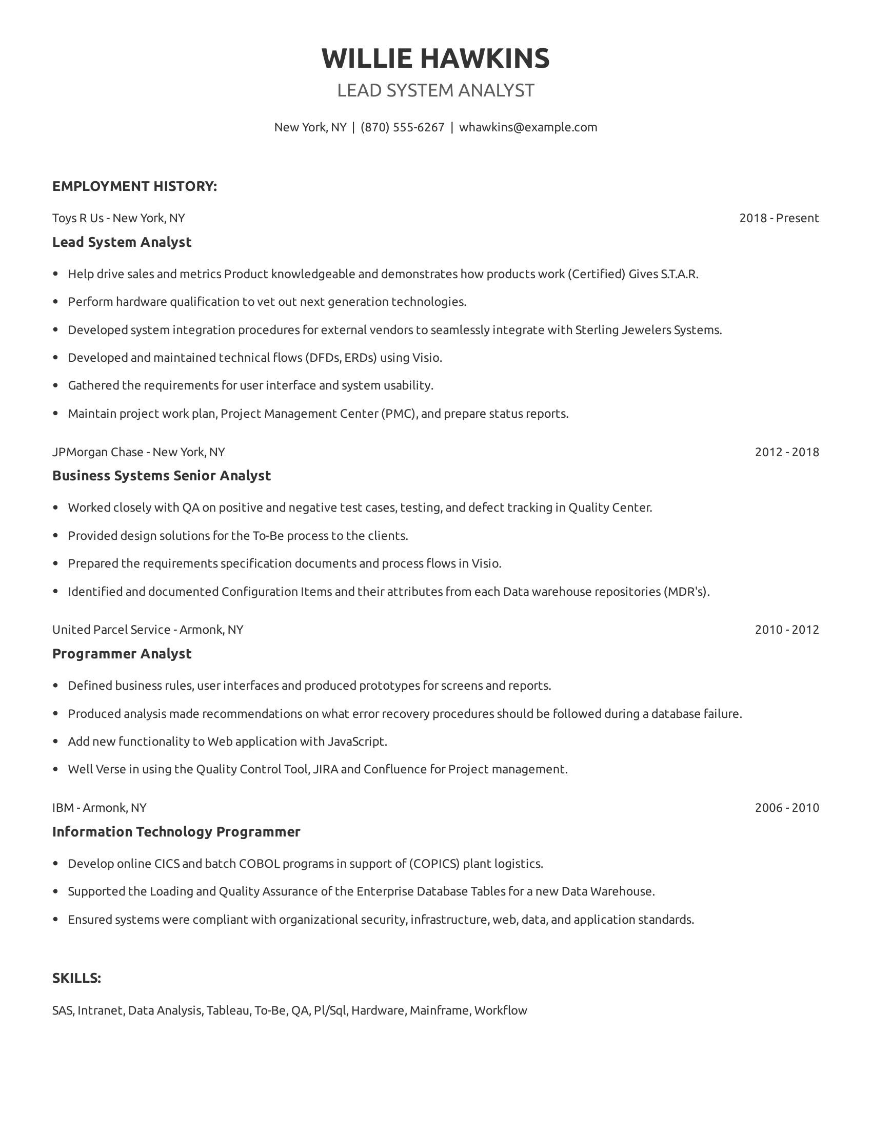 Lead System Analyst resume example