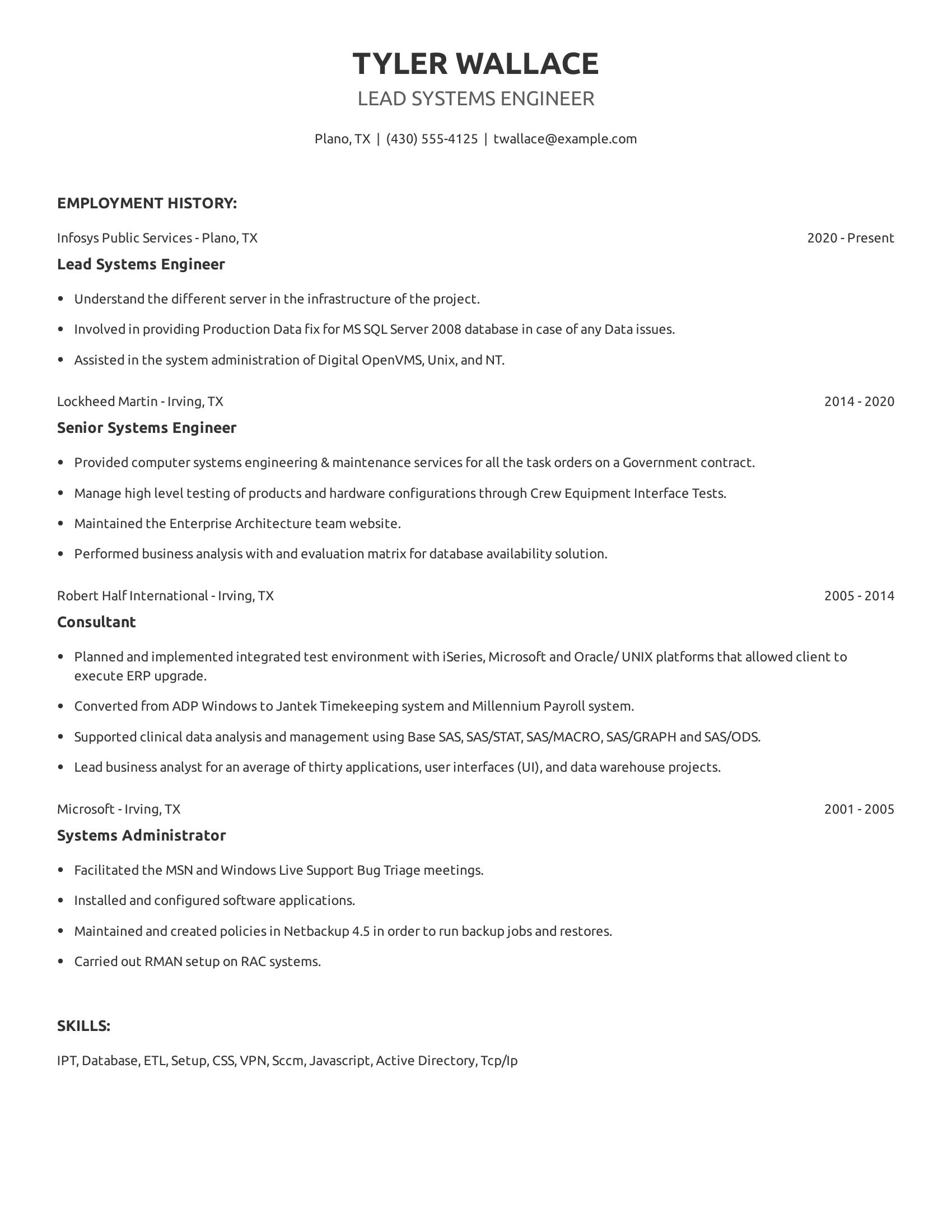 Lead Systems Engineer resume example