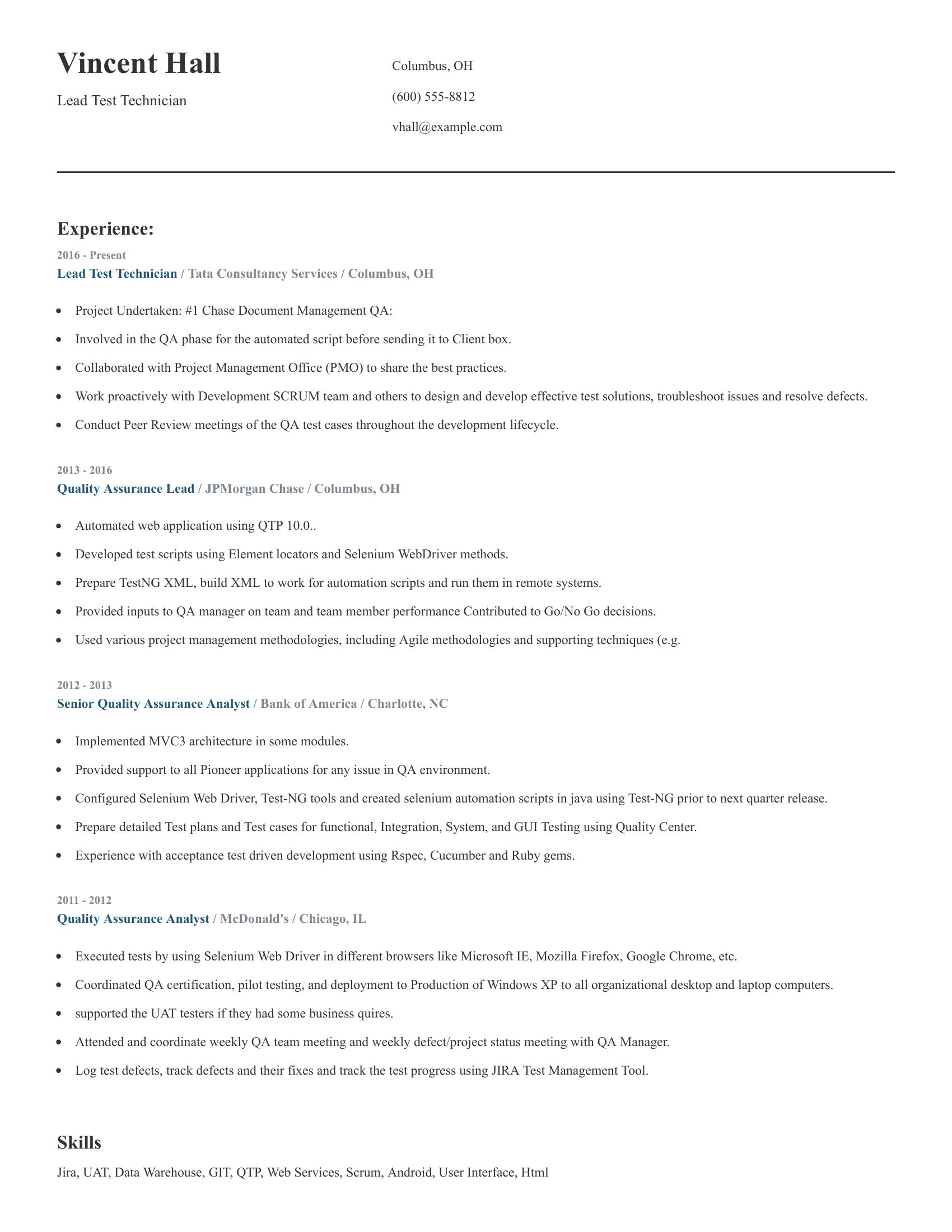 Lead Test Technician resume example