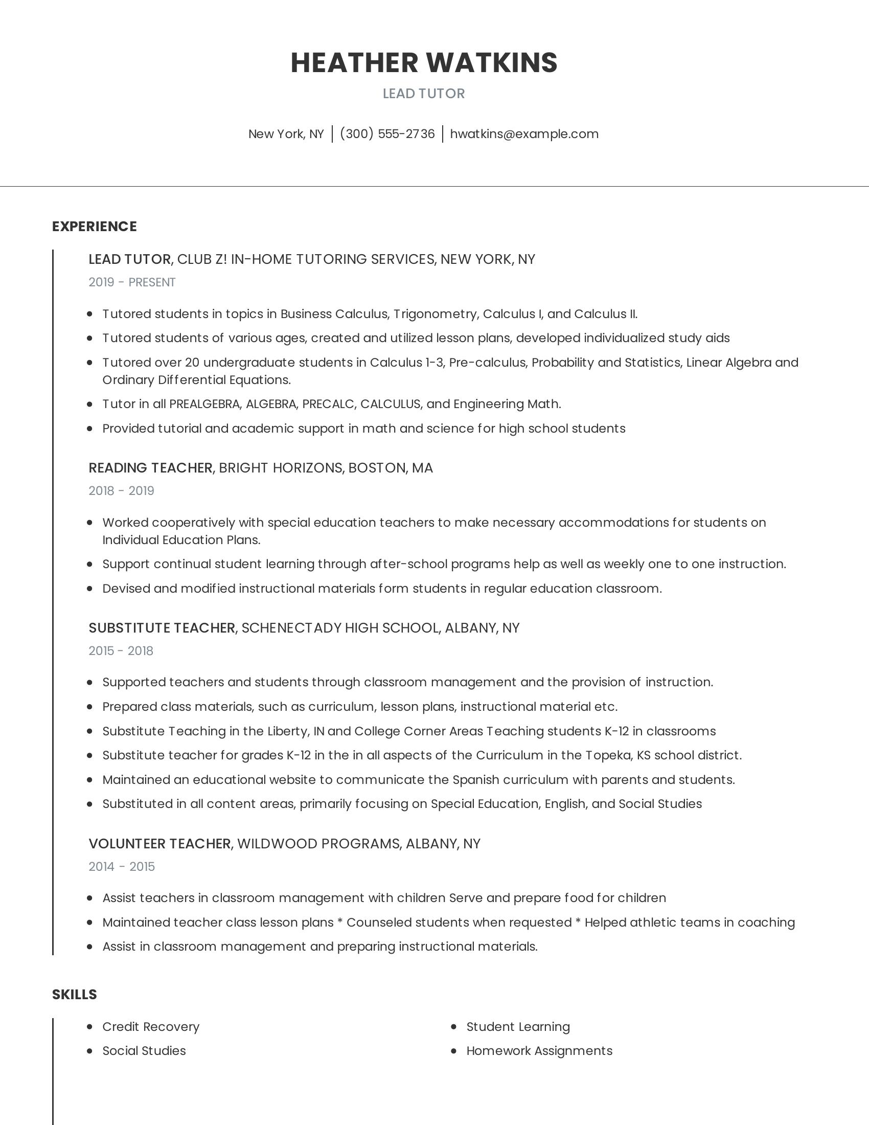 Lead Tutor resume example